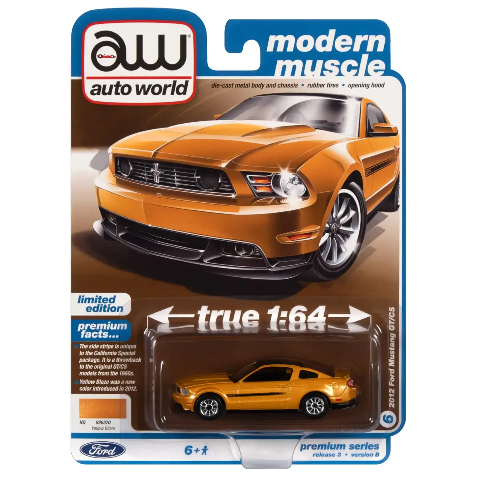 Auto World AWSP112B Auto World 2012 Mustang GT/CS Yellow Blaze Tricoat w/Black GT/CS Side Stripes