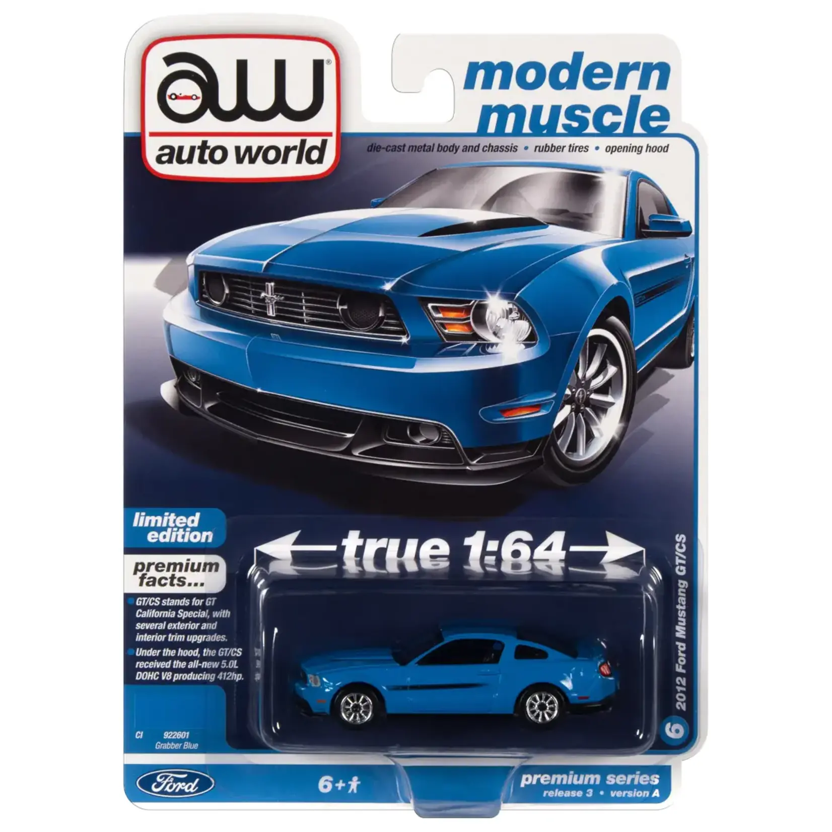 Auto World AWSP112A Auto World 2012 Mustang GT/CS Grabber Blue w/Black Hood Stripes & Black GT/CS Side Stripes