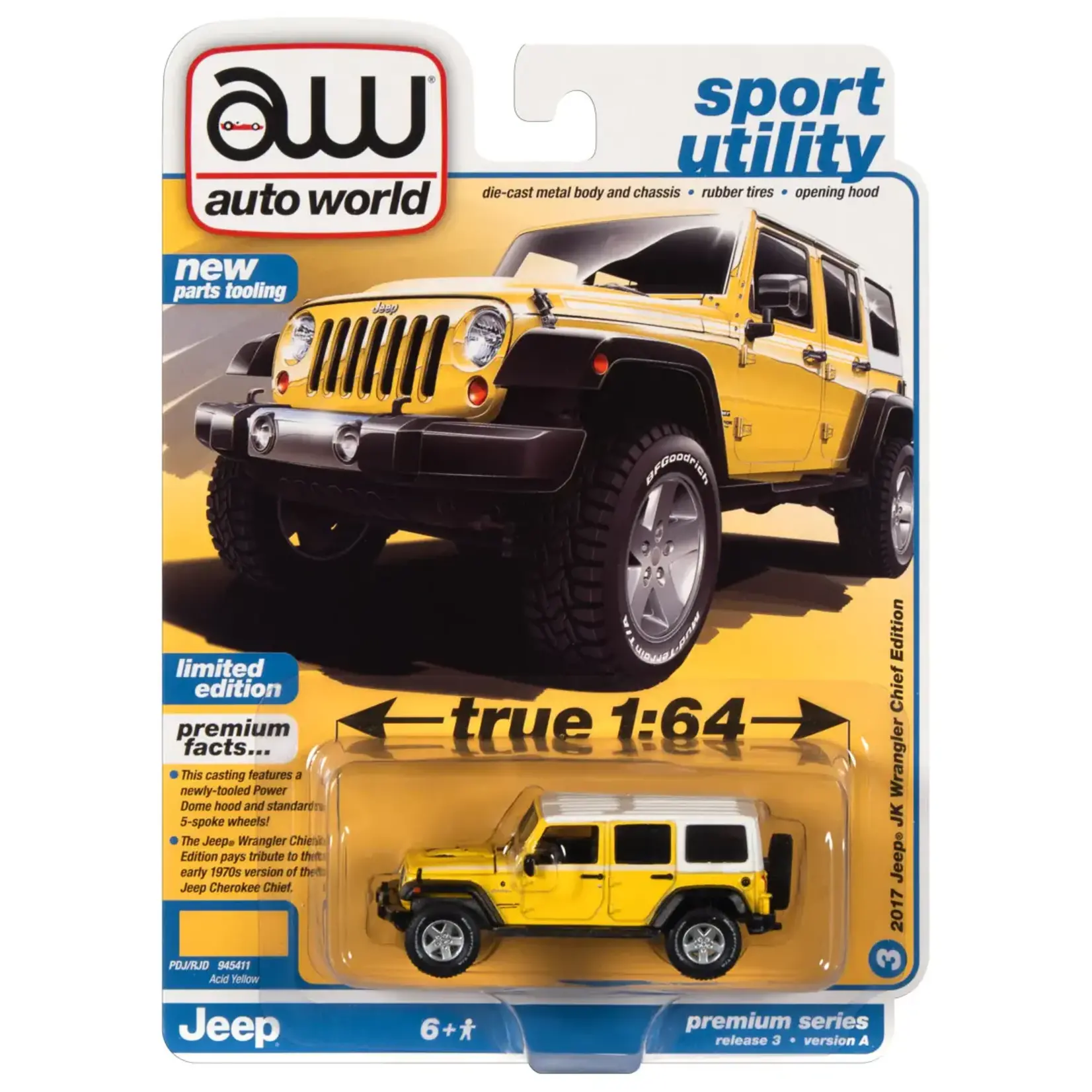 Auto World AWSP108A Auto World 2017 Jeep Wrangler Chief Edition Acid Yellow w/White Roof & White Side Stripe