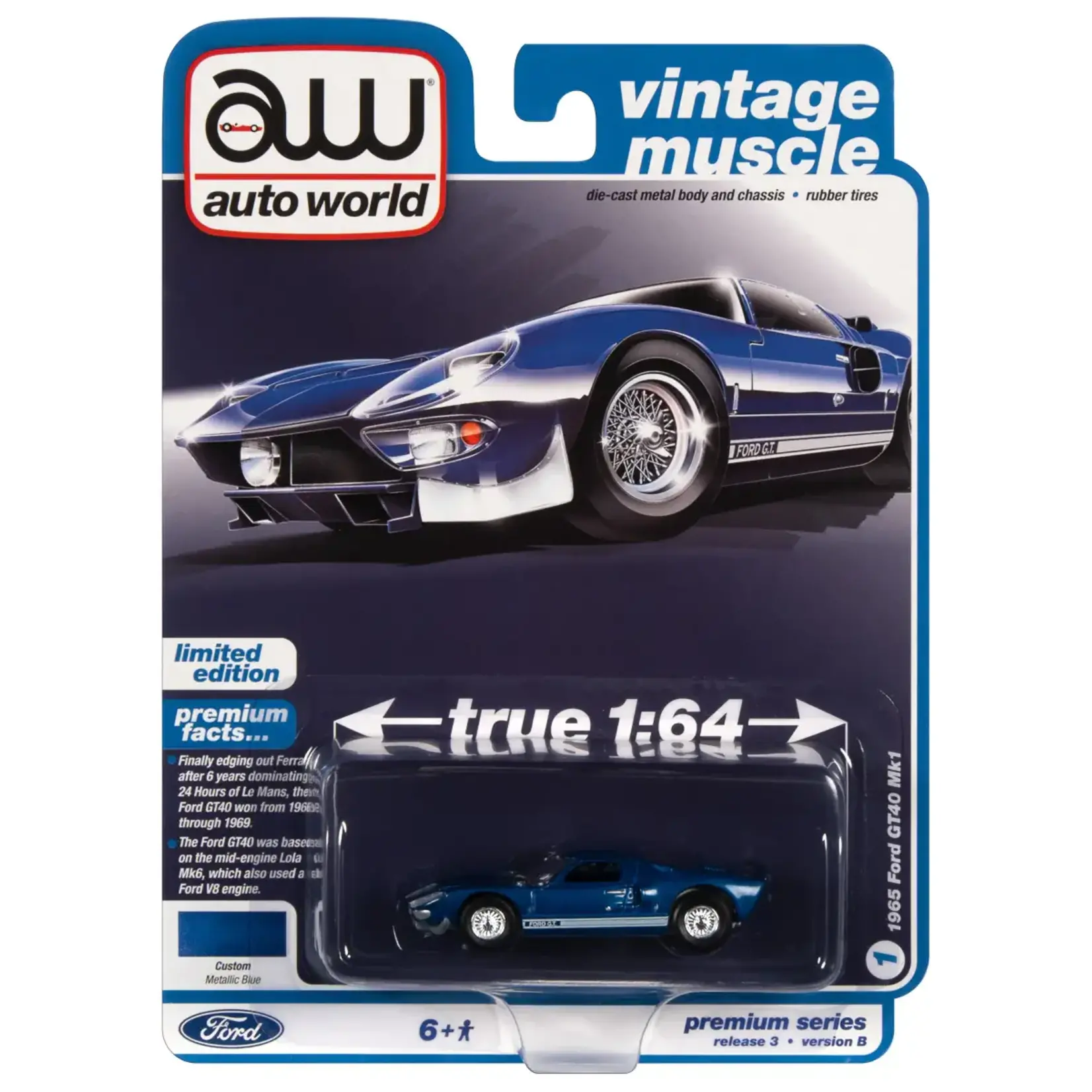 Auto World AWSP107B Auto World 1965 Ford GT40 MK1 Blue w/White Ford G.T. Rocker Stripe