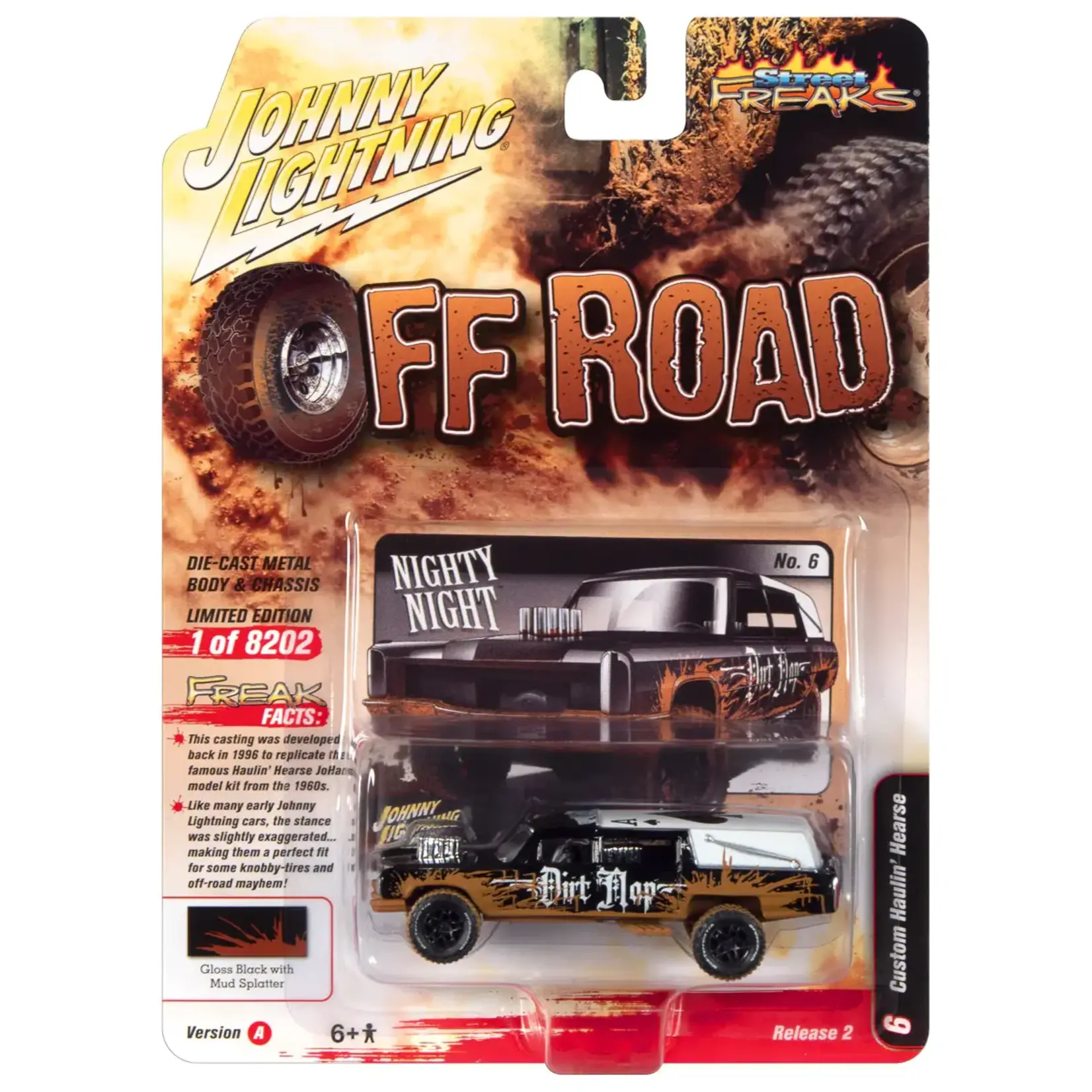 Johnny Lightning JLSP255A Johnny Lightning Haulin' Hearse(Off Road) Gloss Black, White Roof w/Mud