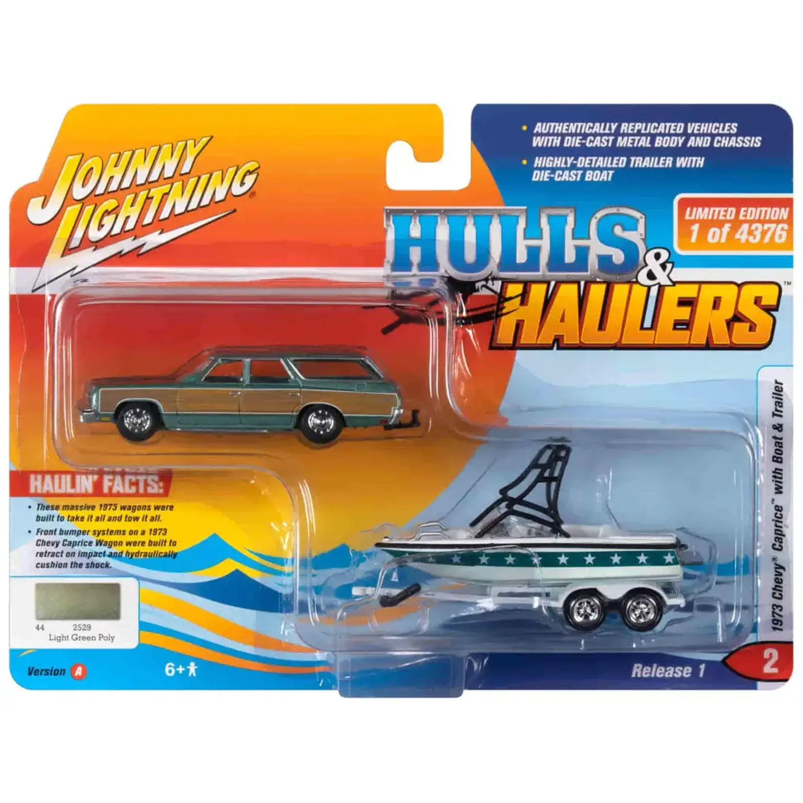 Johnny Lightning JLSP204A Johnny Lightning 1973 Chevy Caprice Wagon  w/Mastercraft Boat and Trailer  Lt Green Woody, Lt &Dk Green