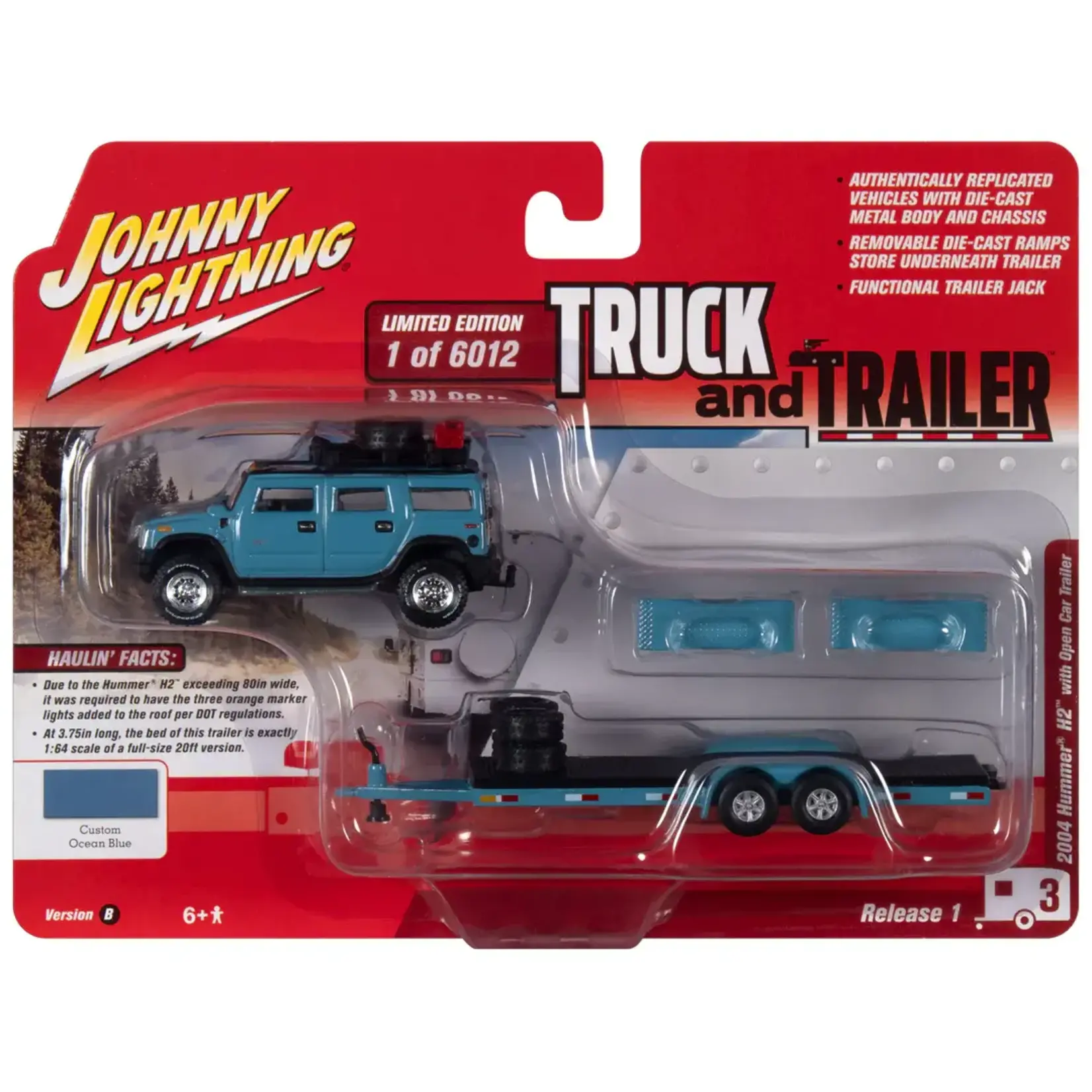 Johnny Lightning JLSP202B Johnny Lightning 2004 Hummer H2 w/Open Trailer Ocean Blue
