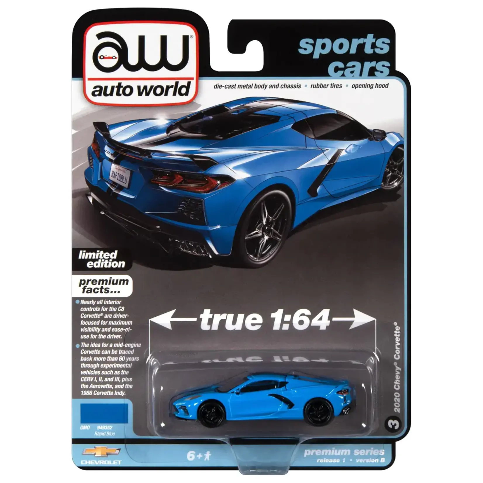 Auto World AWSP124B Auto World 2020  Chevrolet Corvette Rapid Blue w/Black Stripes