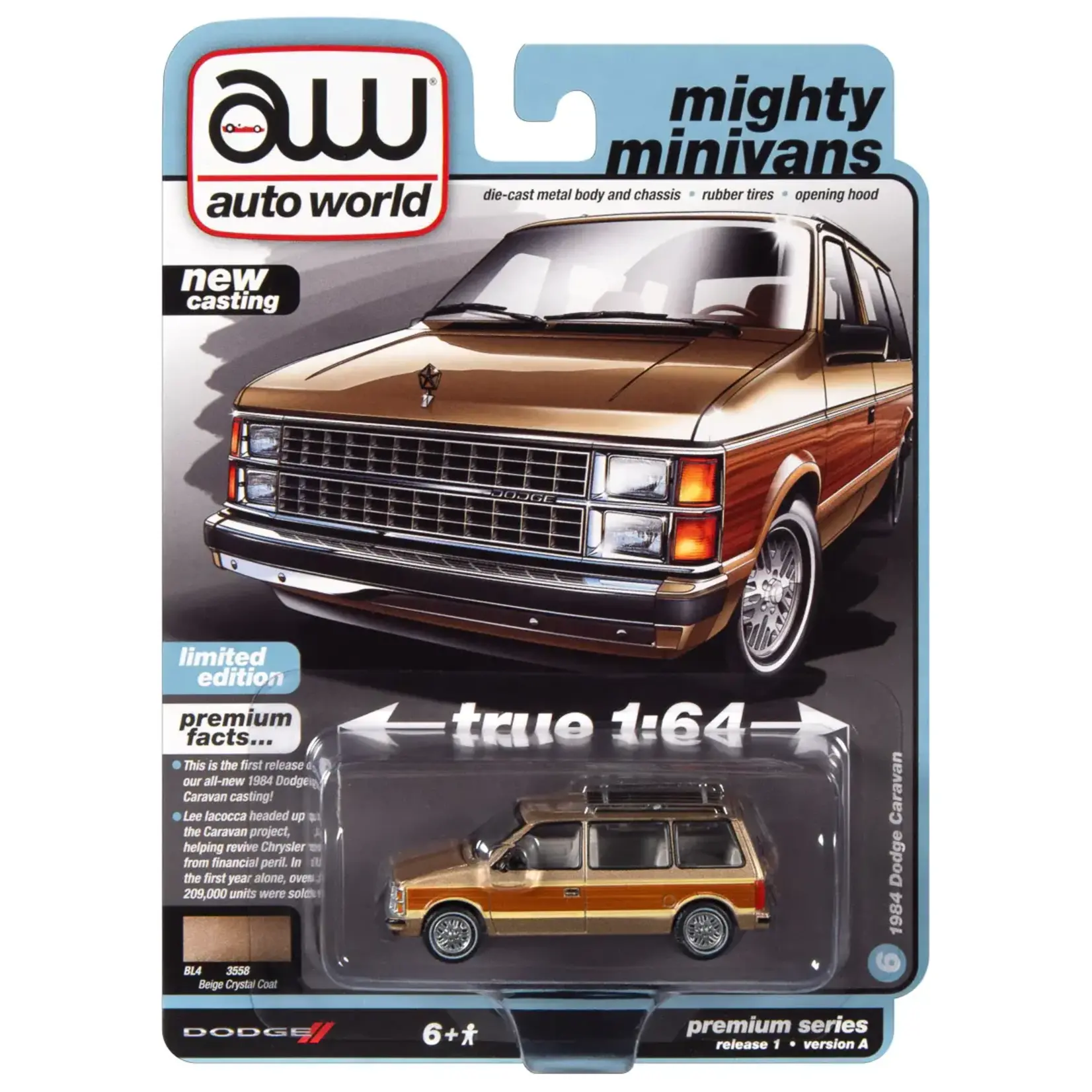 Auto World AWSP123A Auto World 1984 Dodge Caravan NEW TOOLING Beige Crystal Poly w/Side Woodgrain