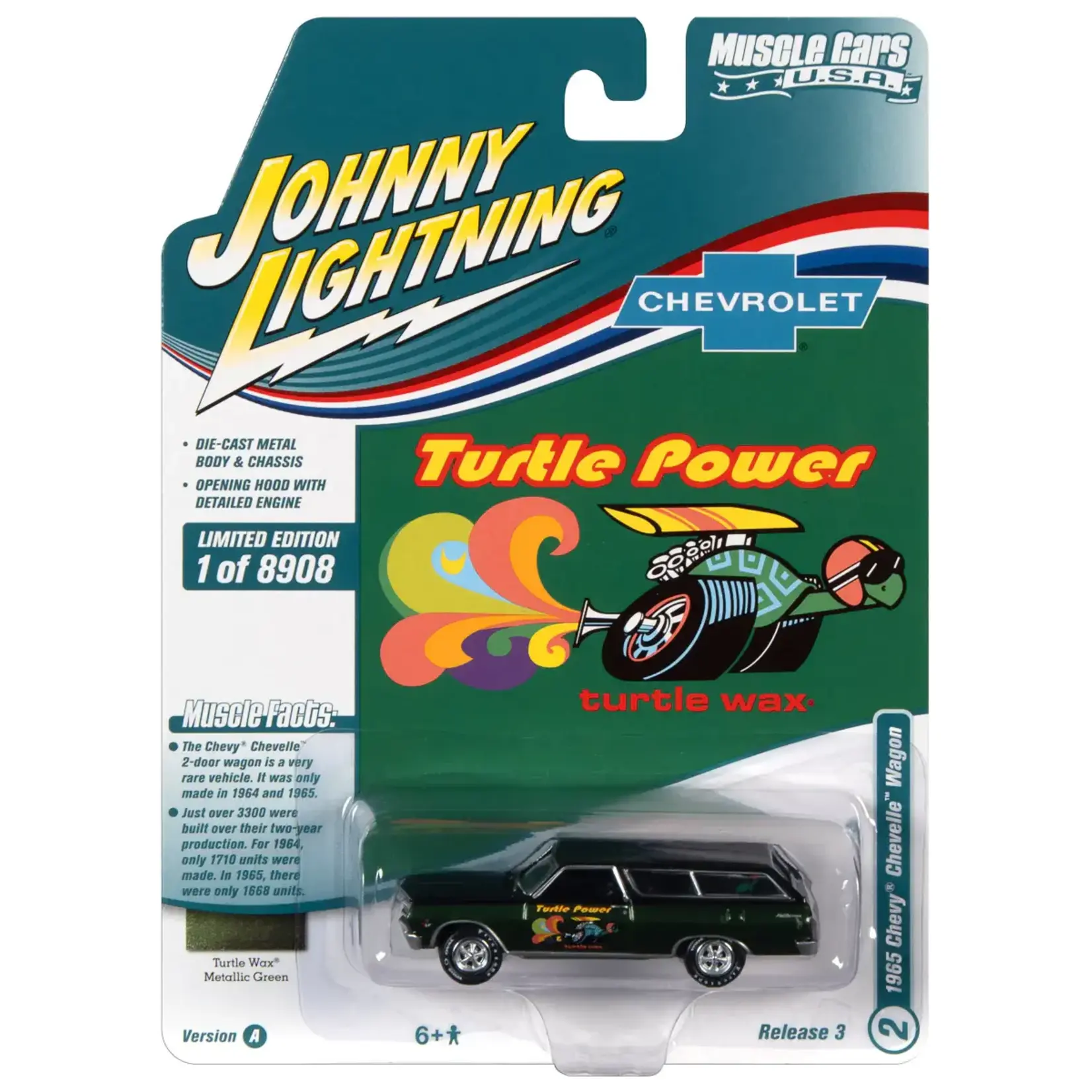 Johnny Lightning JLSP173A Johnny Lightning 1965 Turtle Wax Chevrolet Chevelle Wagon Green Metallic Lower w/Gloss Black Upper  & Turtle Wax Graphics