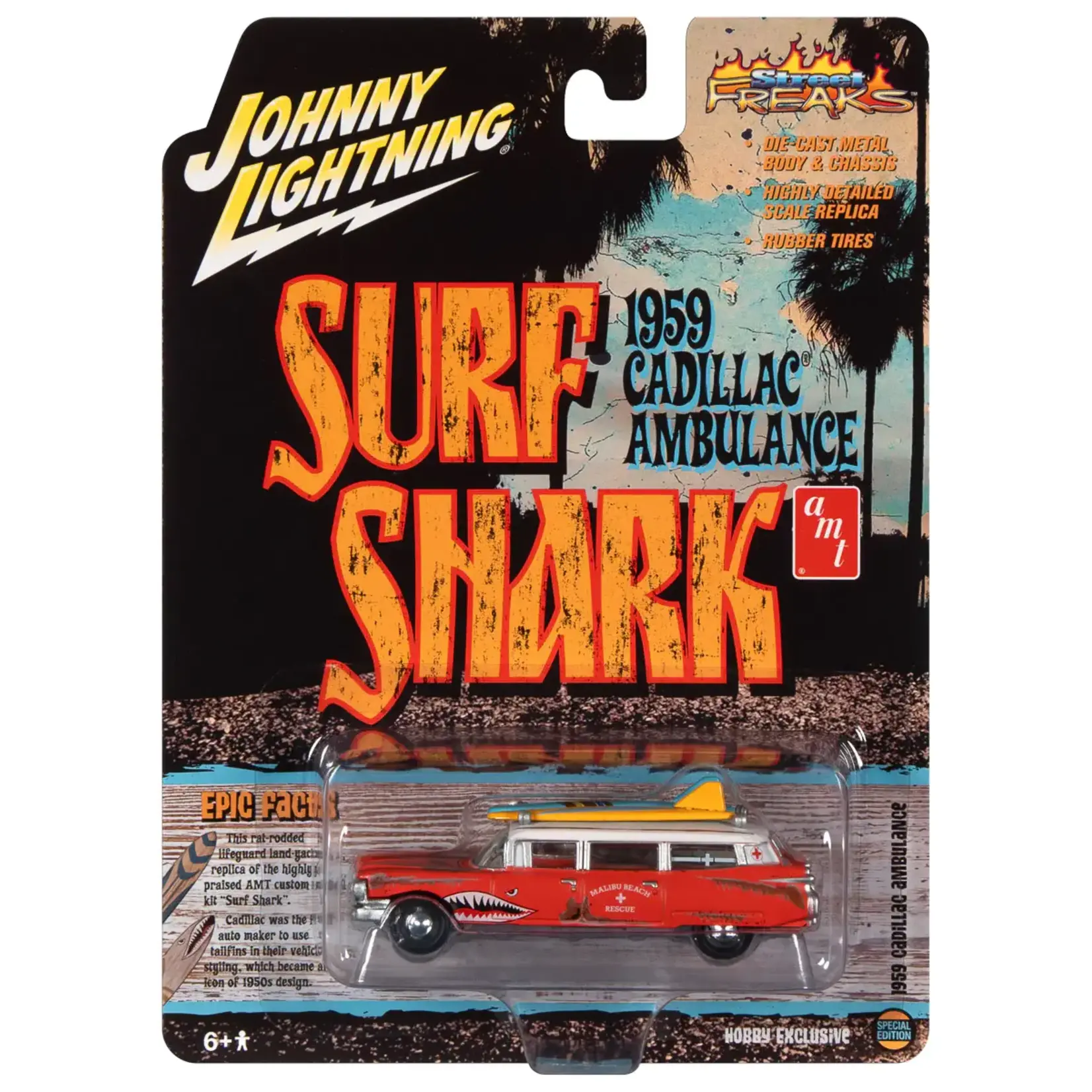 Johnny Lightning JLSP256 Johnny Lightning 1959 Cadillac Eldorado Ambulance Surf Shark Faded Rusty Red & White Shark Graphics & Surf Boards