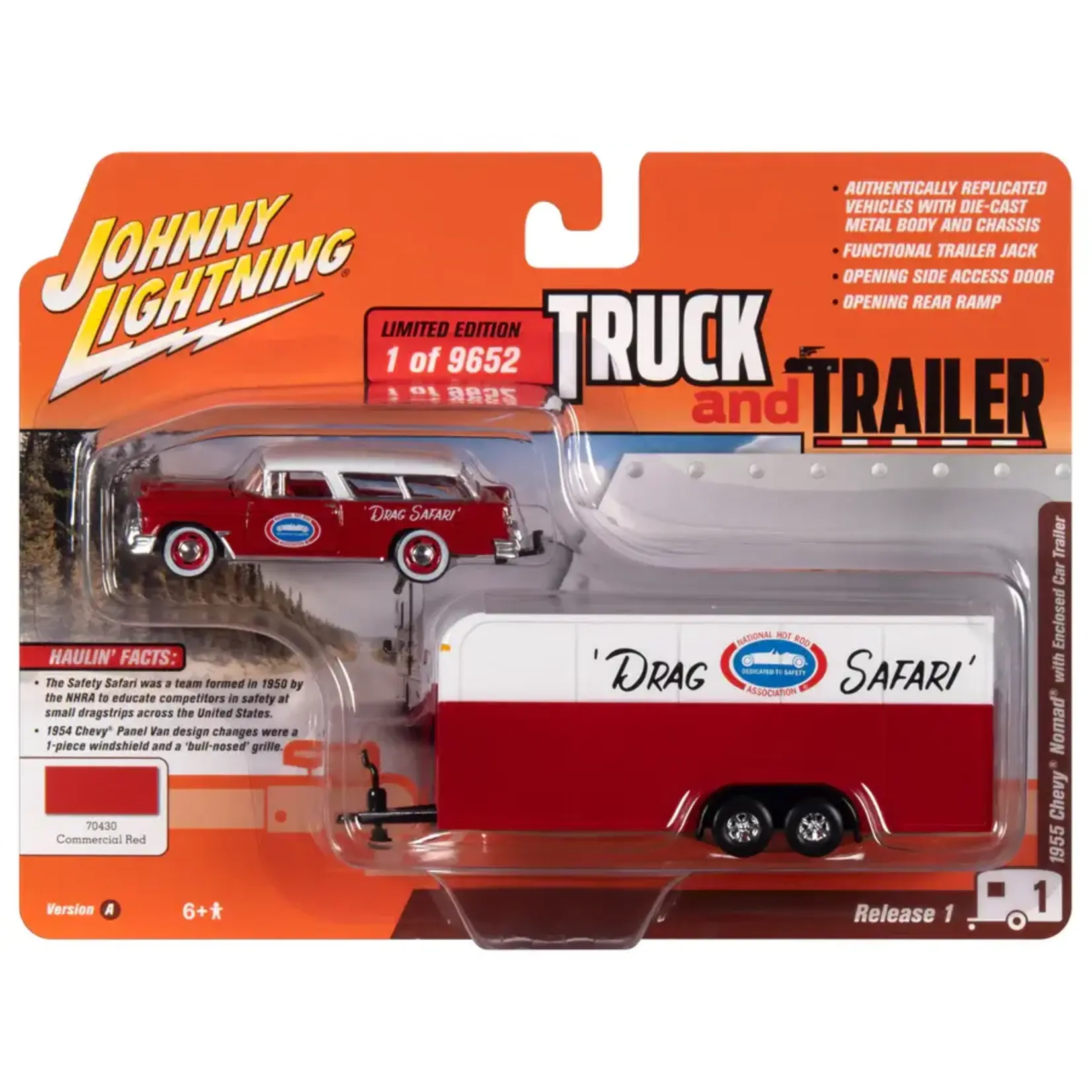 Johnny Lightning JLSP307A Johnny Lightning 1955 Chevy Nomad w/Enclosed Trailer (Race Safety) Red & White