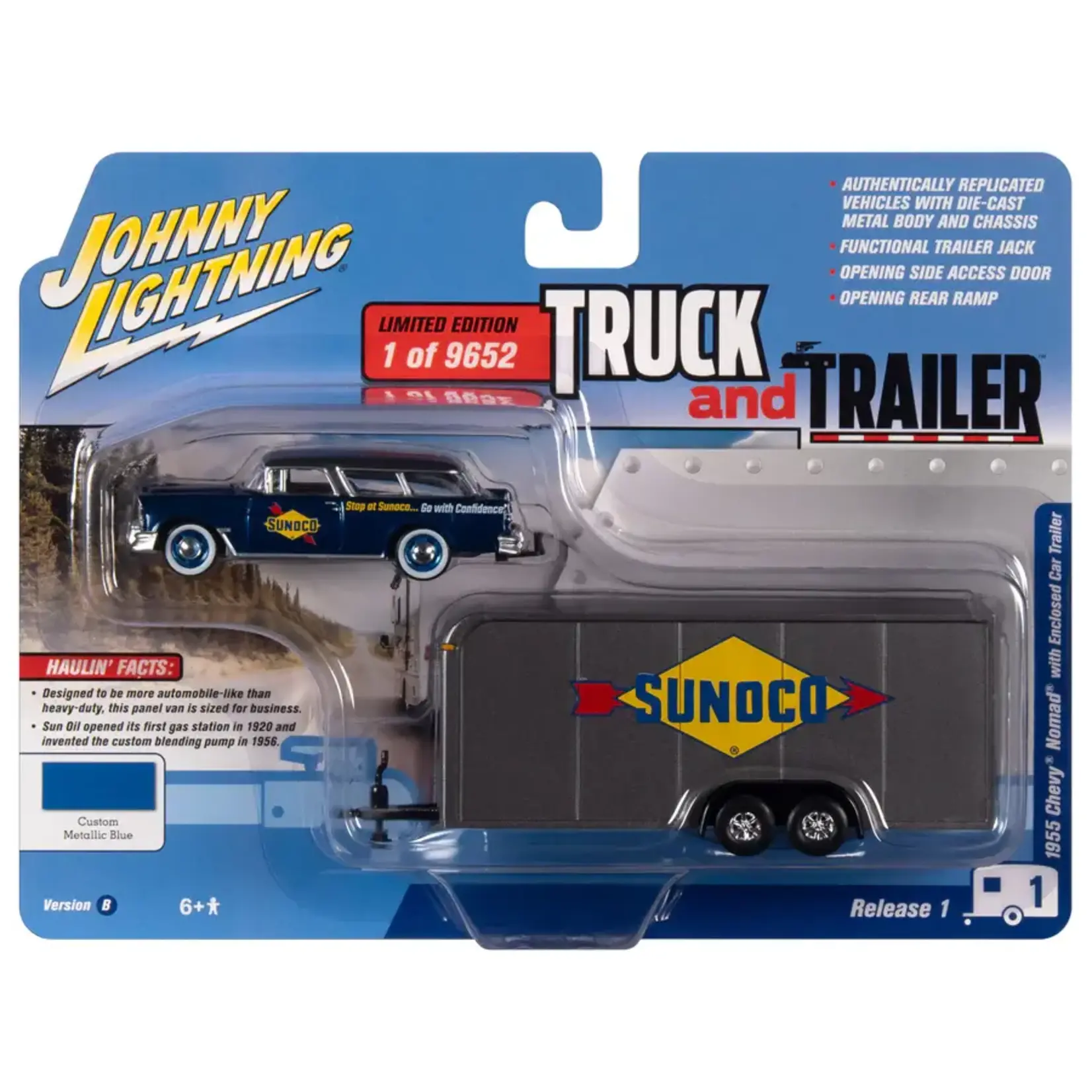 Johnny Lightning JLSP307B Johnny Lightning 1955 Chevy Nomad w/Enclosed Trailer (Sunoco) Blue & White