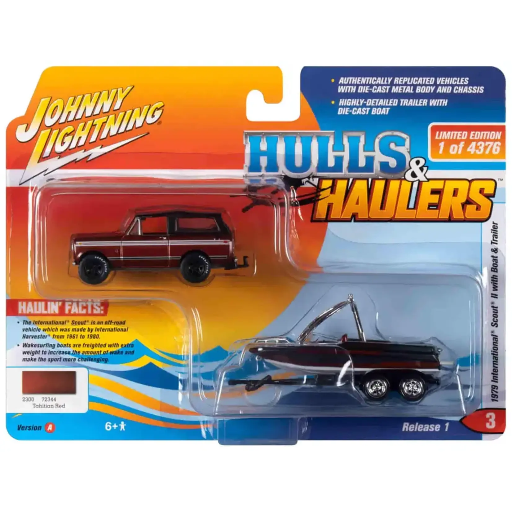 Johnny Lightning JLBT015scout79redA Johnny Lightning 1979 International Scout II w/Malibu Boat and Trailer