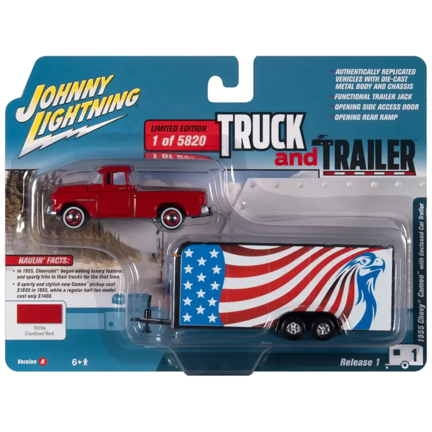 Johnny Lightning JLBT014cameo55redA Johnny Lightning 1955 Chevy Cameo (Red) W/Enclosed Car Trailer