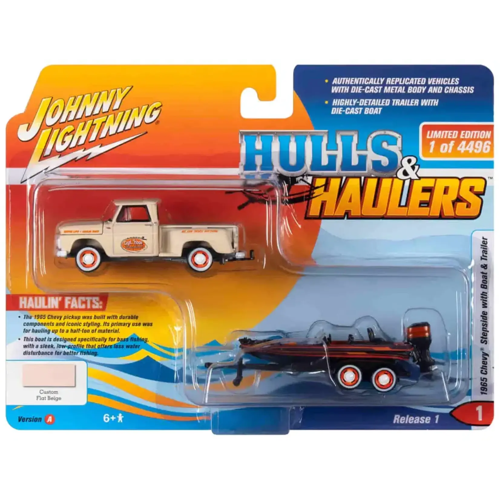 Johnny Lightning JLBT015chevypickup65beigeA Johnny Lightning 1965 Chevy Stepside Pickup w/Bass Boat and Trailer