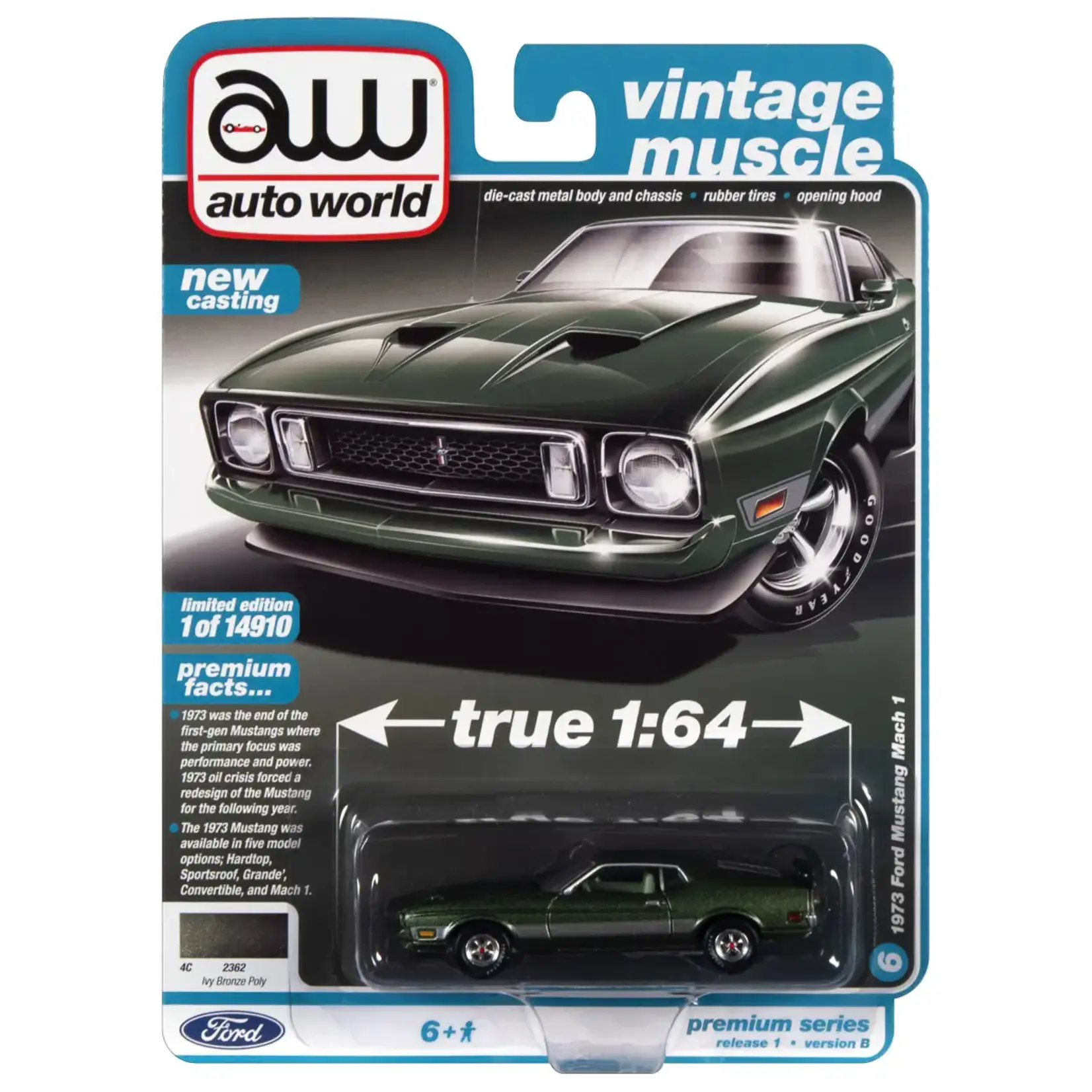 Auto World AW64352B-6 Auto World 1973 Ford Mustang Mach 1 Ivy Gloss Poly w/Silver Side Stripes