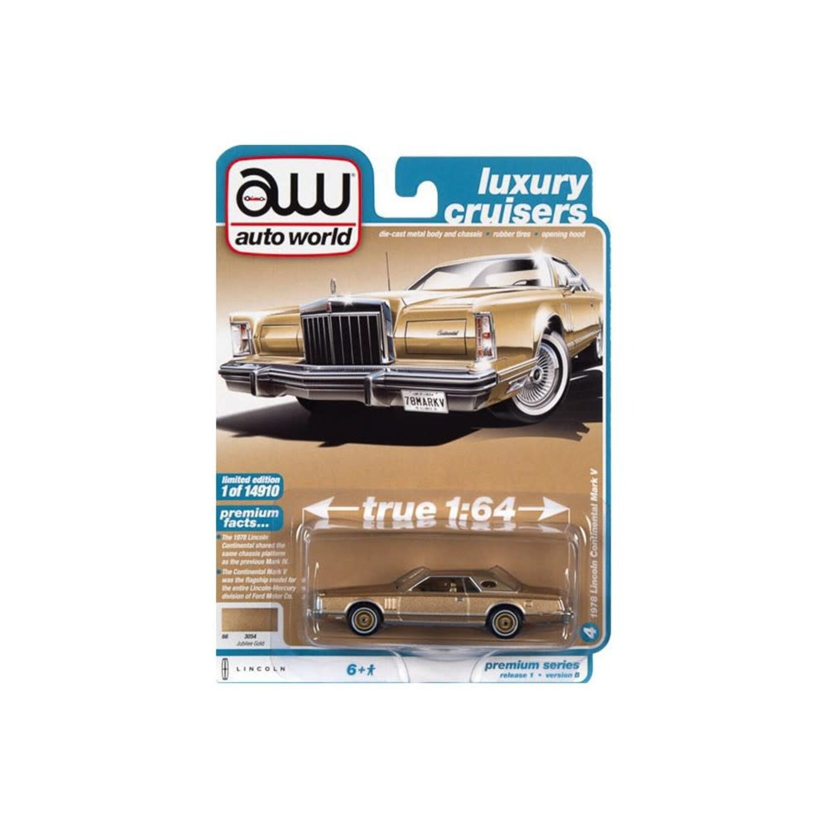 Auto World AW64352B-4 Auto World 1978 Lincoln Continental Jubilee Gold Poly w/Rear Section of Roof Flat Tan