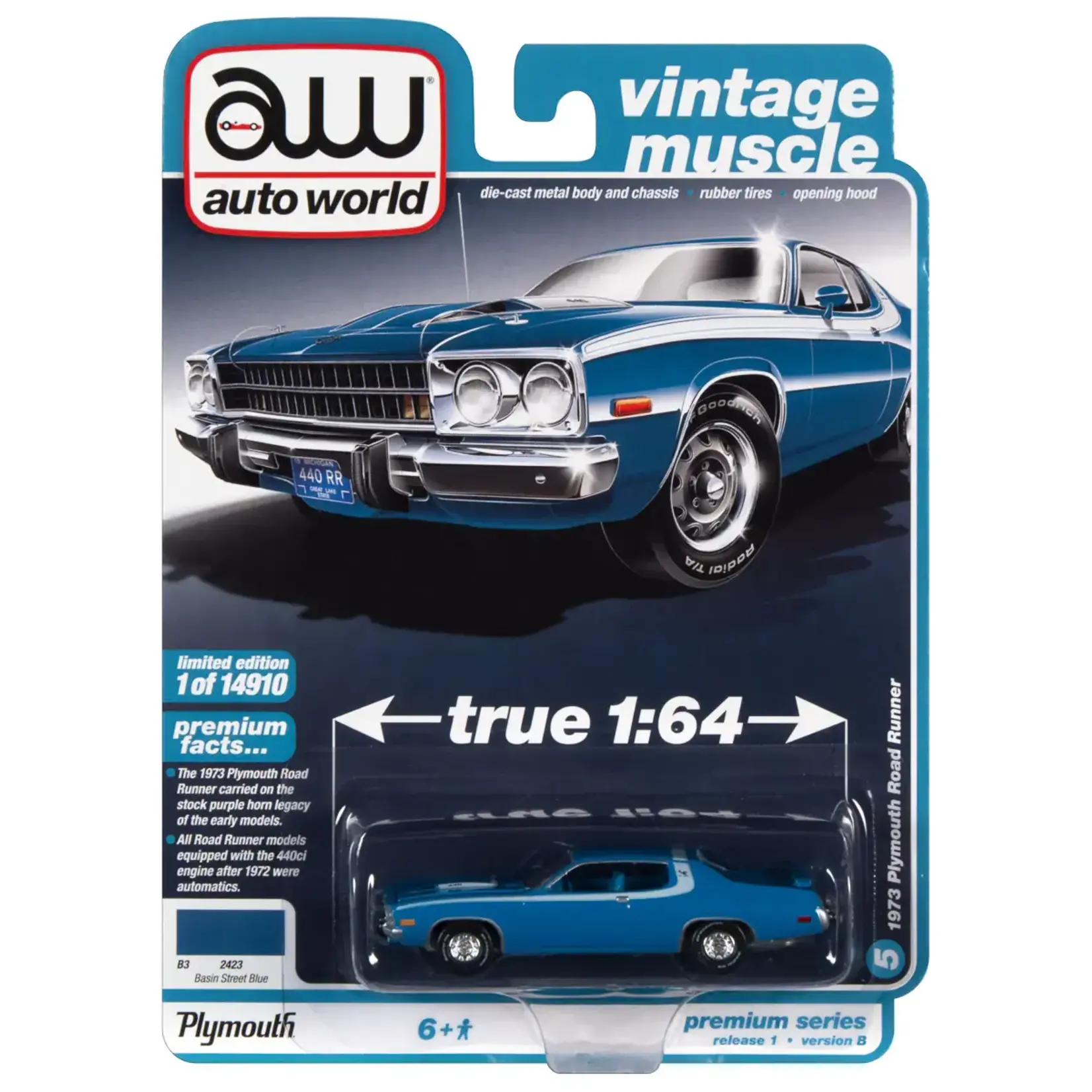 Auto World AW64352B-3 Auto World 1973 Plymouth Road Runner Basin Street Blue w/White Side & Roof Stripes