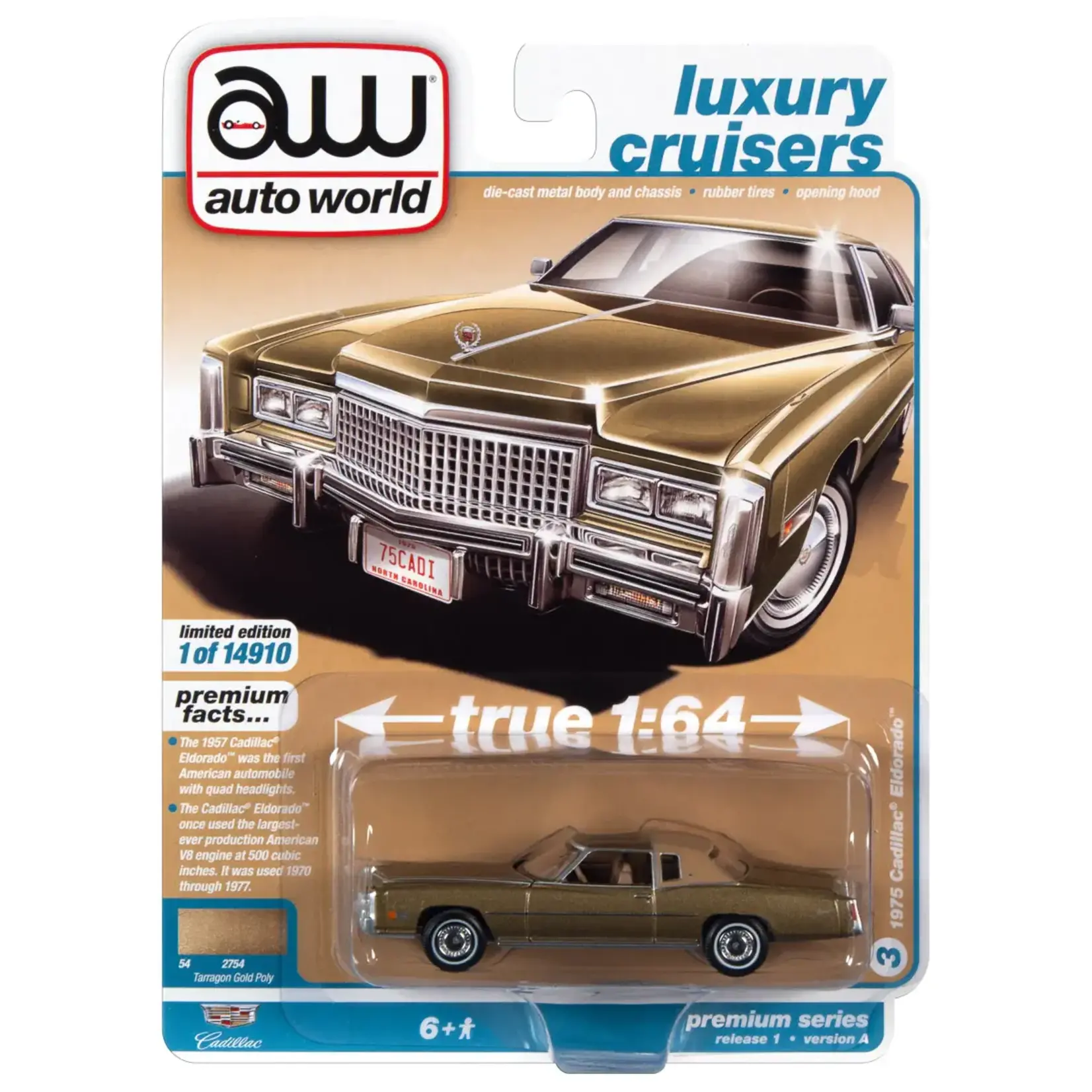 Auto World AW64352A-5 Auto World 1975 Cadillac Eldorado Tarragon Gold Poly w/Rear Section of Roof Sandalwood Tan