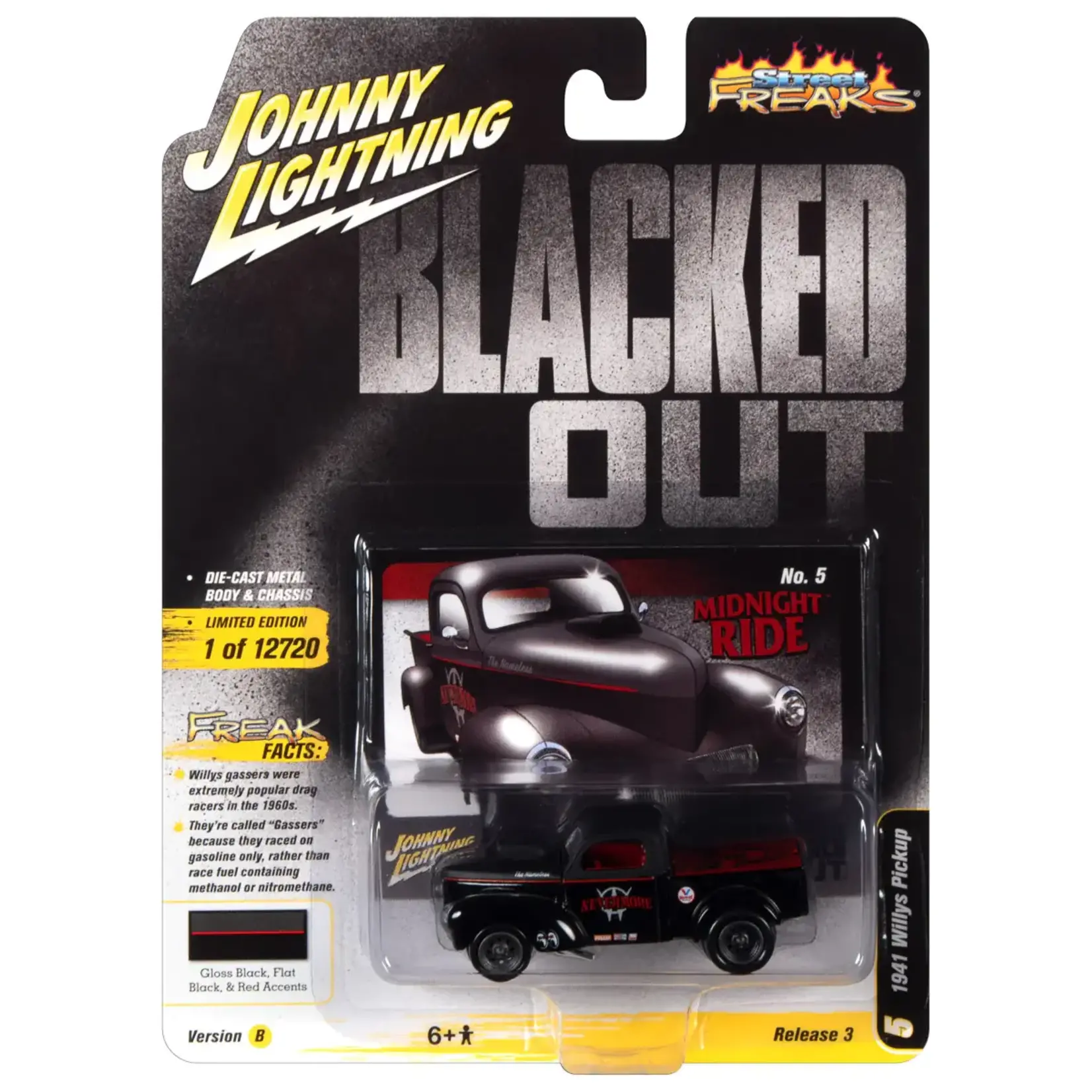 Johnny Lightning JLSF021B-5 Johnny Lightning 1941 Willys Gasser Pickup (Blacked Out) Gloss/Flat Black with Metallic Red