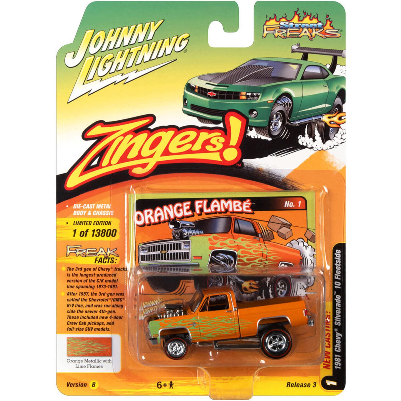 Johnny Lightning JLSP178B Johnny Lightning 1981 Chevrolet Silverado 10 Fleet Side (Zinger) Metallic Orange with Green Flames