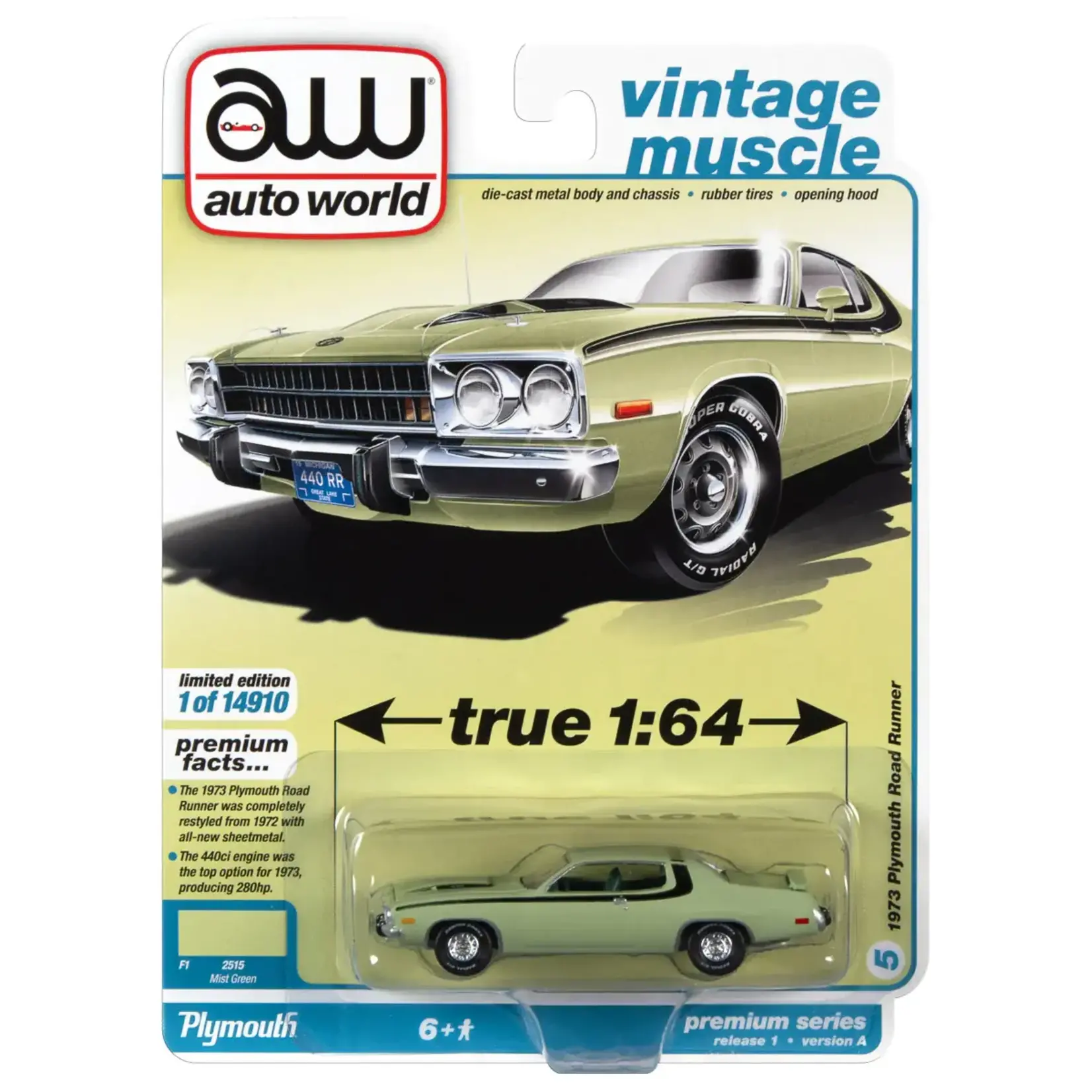 Auto World AWSP096A Auto World 1973 Plymouth Road Runner Mist Green w/Black Side & Roof Stripes