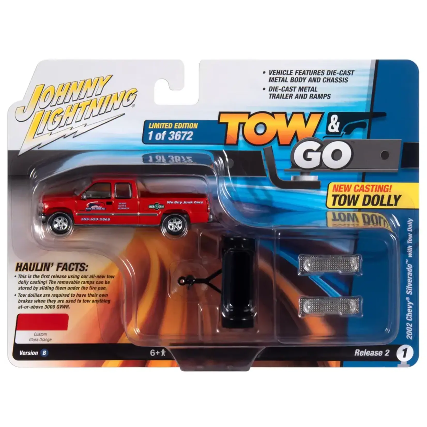 Johnny Lightning JLSP350B Johnny Lightning 2002 Chevrolet Silverado Extended Cab (Molly Orange) w/Tow Dolly