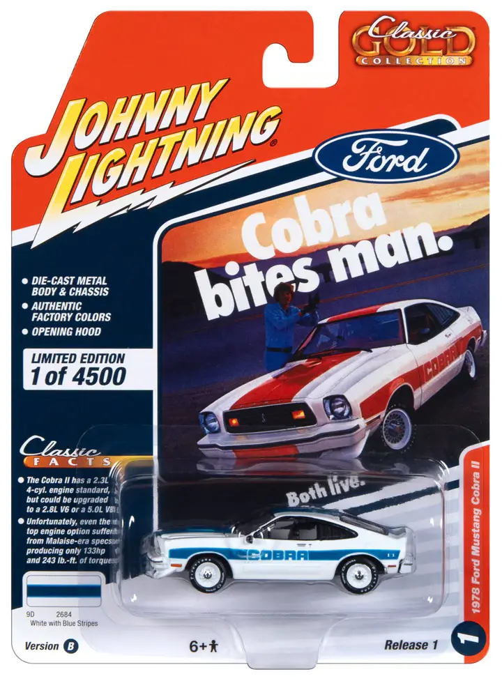 JLSP321B Johnny Lightning 1978 Ford Mustang Cobra II Gloss White w/Blue Stripes - Picture 1 of 1