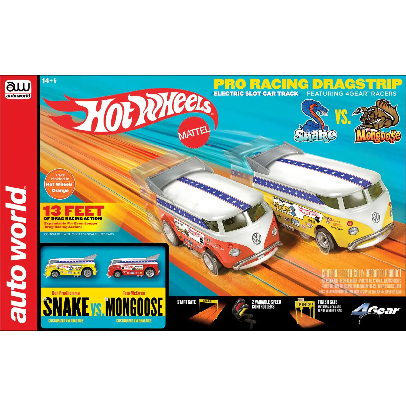 Auto World SRS340 Auto World 13' Hot Wheels "Snake" vs "Mongoose" Manual Slot Drag Set Tom McEwen "Mongoose" 1965 Custom VW Drag Bus Don Prudhomme "Snake" 1965 Custom VW Drag Bus