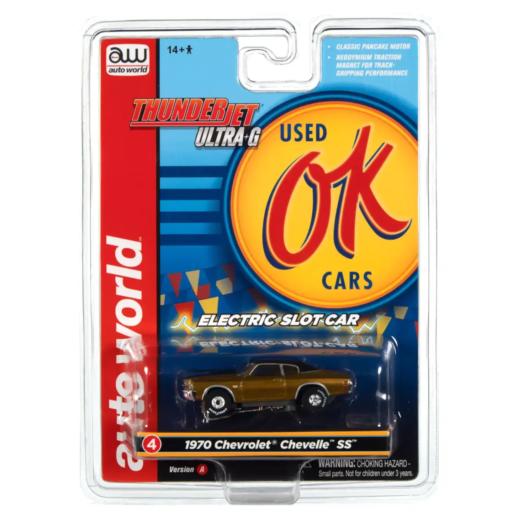 Auto World SC377A4 Auto World Thunderjet OK Used Cars 1970 Chevrolet Chevelle SS (Gold) HO Scale Slot Car