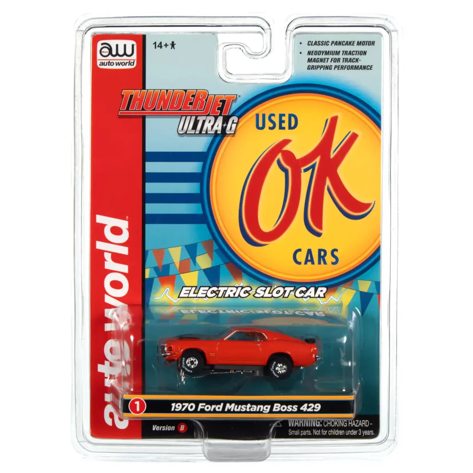 Auto World SC377B1 Auto World Thunderjet OK Used Cars 1970 Ford Mustang Boss 429 (Orange) HO Scale Slot Car