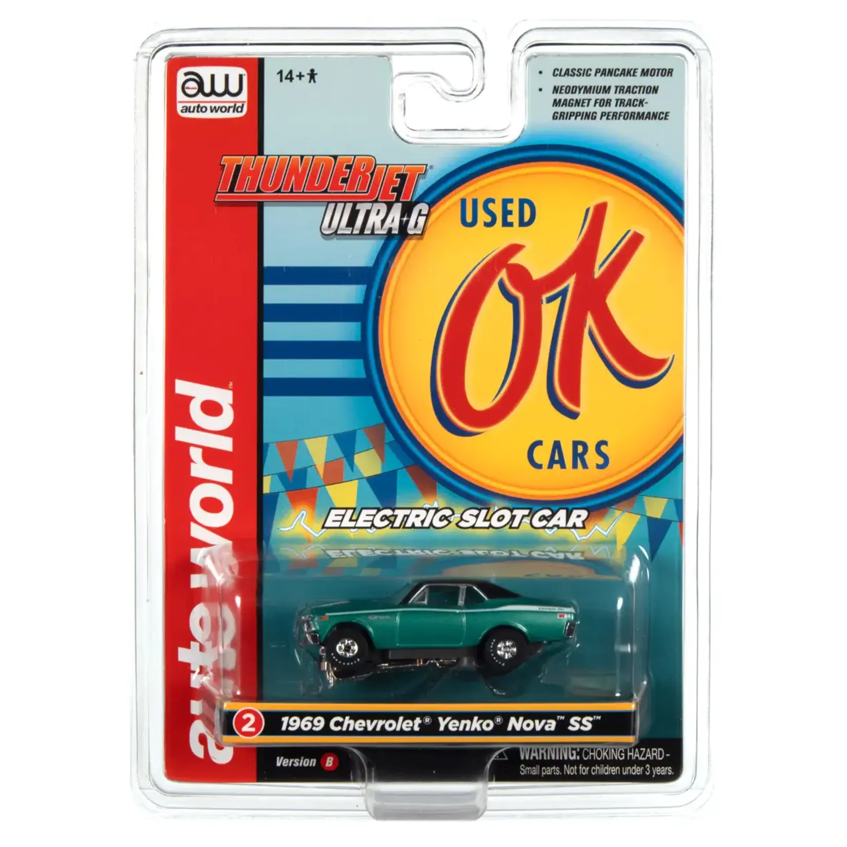 Auto World SC377B2 Auto World Thunderjet OK Used Cars 1969 Chevrolet Nova SS (Green) HO Scale Slot Car