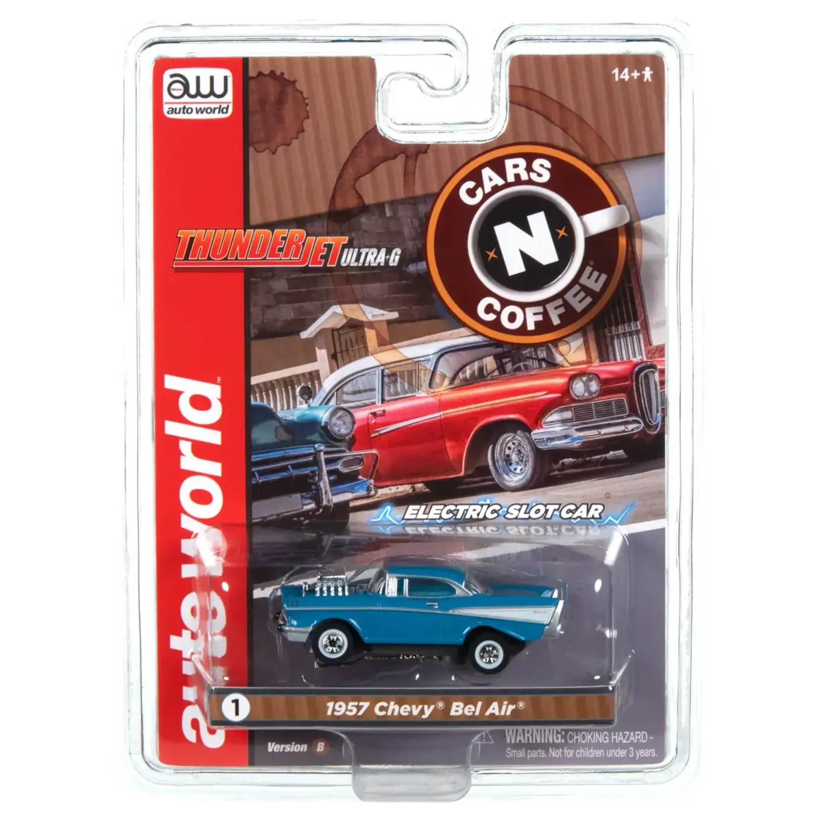 Auto World SC392B1 Auto World Thunderjet 1957 Chevrolet Bel Air Street Rod w/Blower (Blue) HO Scale Slot Car