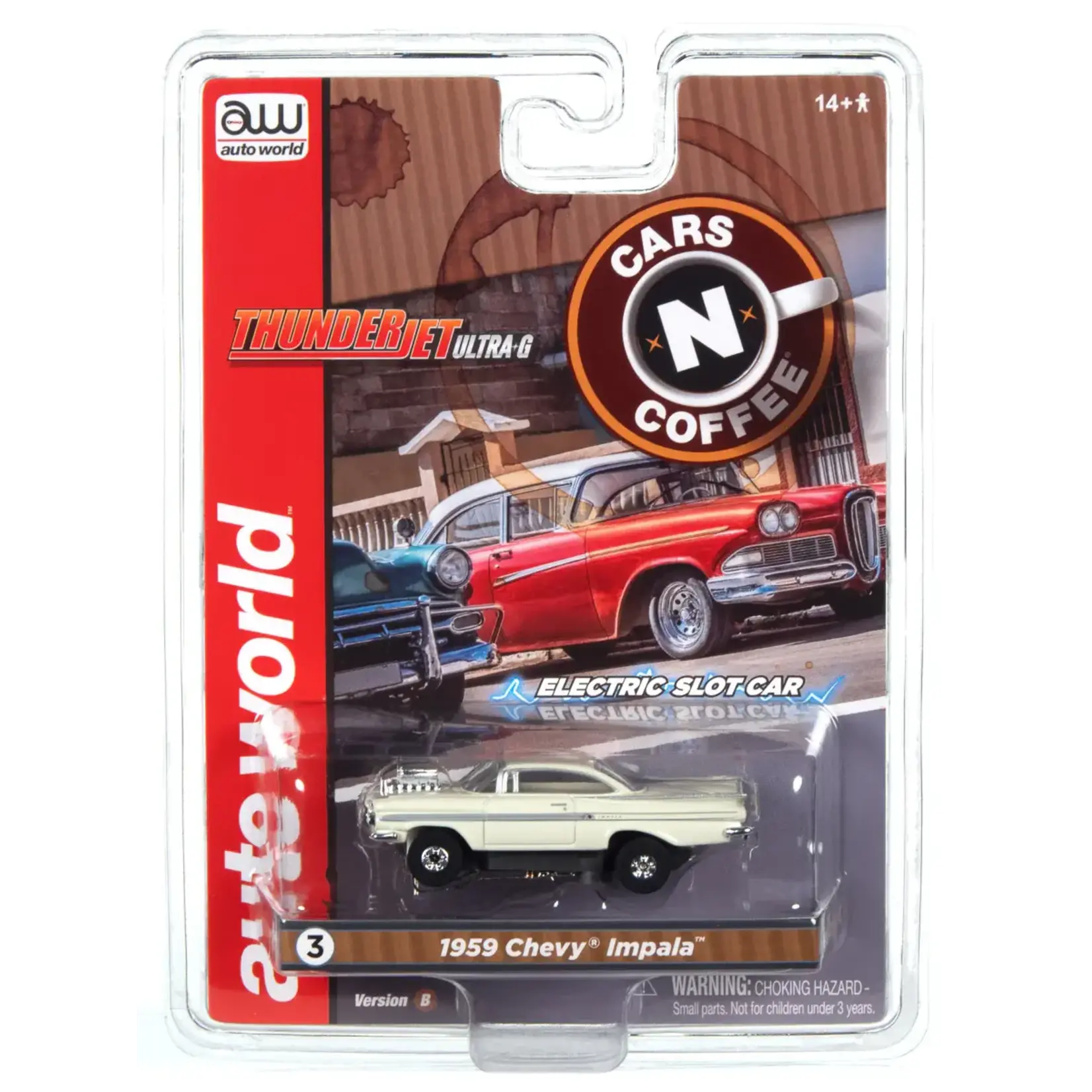 Auto World SC392B3 Auto World Thunderjet 1959 Chevrolet Impala Street Rod w/Blower (White) HO Scale Slot Car