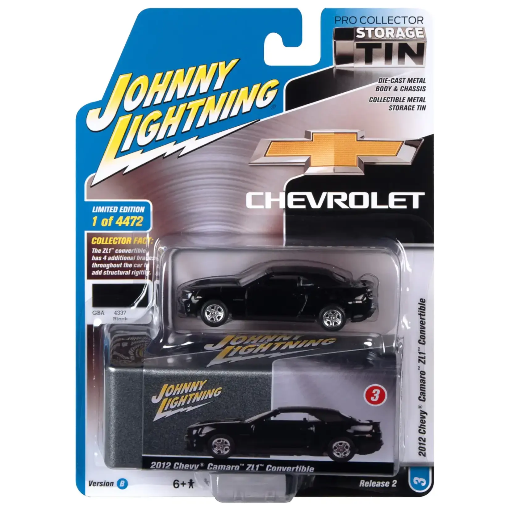 Johnny Lightning JLCT007camaro12black  Johnny Lightning 2012 Chevrolet Camaro ZL1 Convertible (Black) with Collector Tin 1:64 Diecast