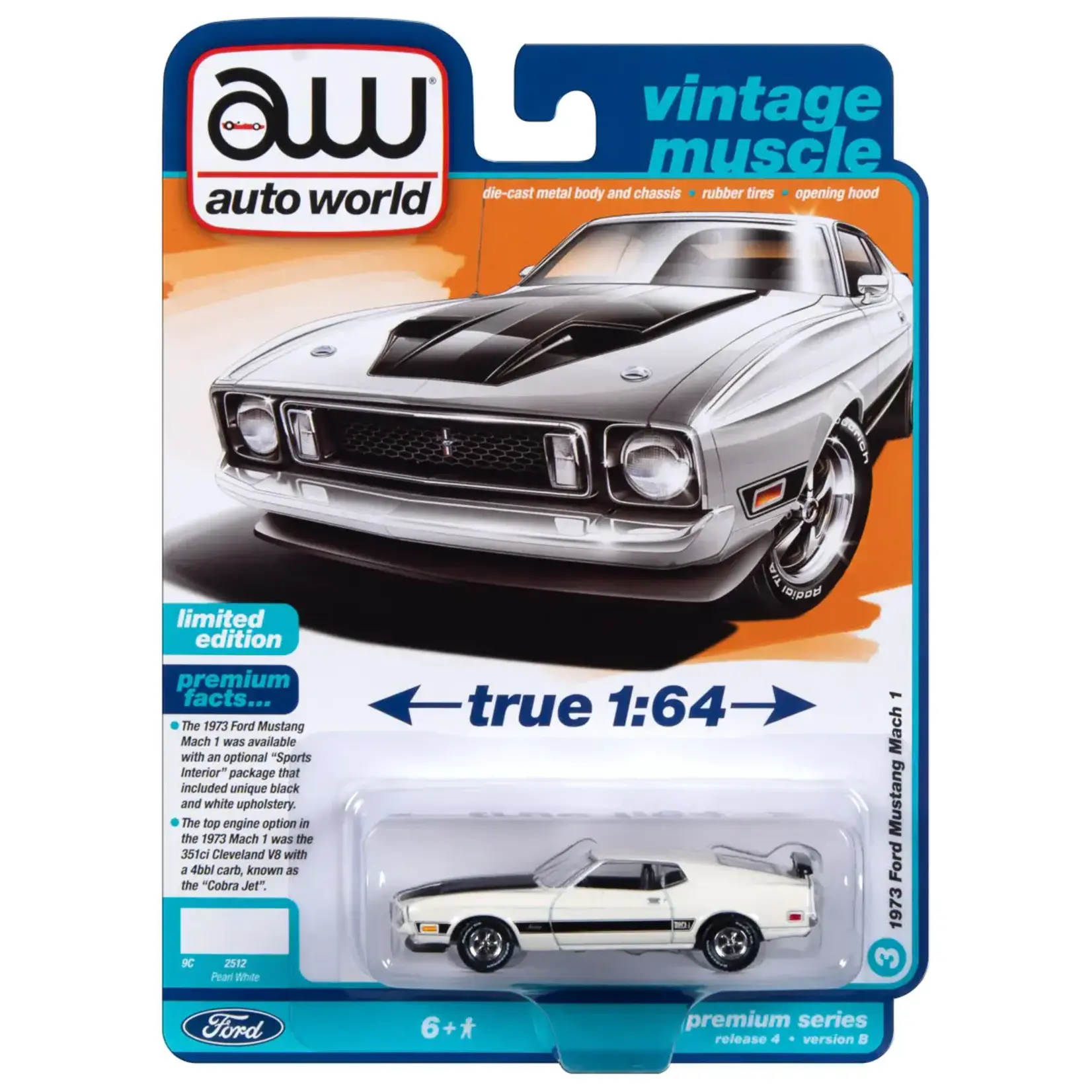 Auto World AWSP144B Auto World 1973 Ford Mustang Mach 1 (Pearl White w/Black Hood & Side Stripes)