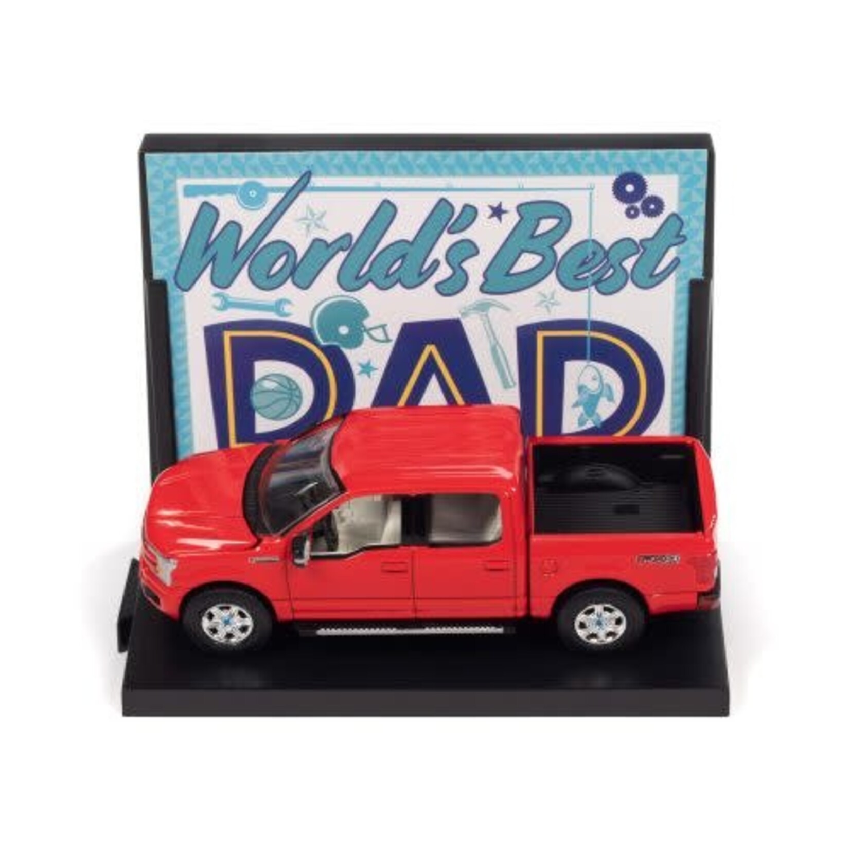 Auto World AWAC017 Auto World Worlds Best Dad 2018 Ford F150 Lariat Pickup Truck w/Base & Trading Card (Red) 1:64 Scale Diecast