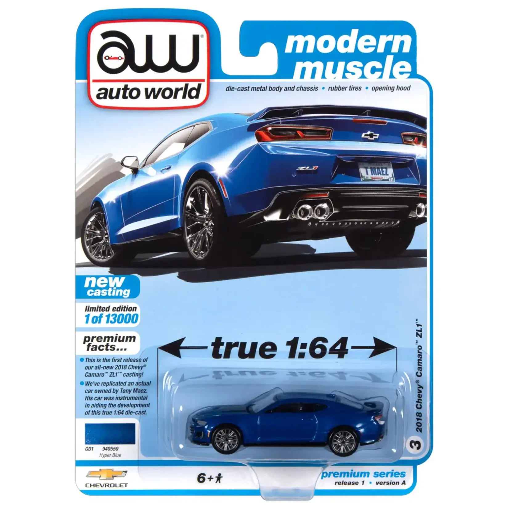 Auto World AWSP059A Auto World 2018 Chevrolet Camaro ZL1 (Hyper Blue Metallic)
