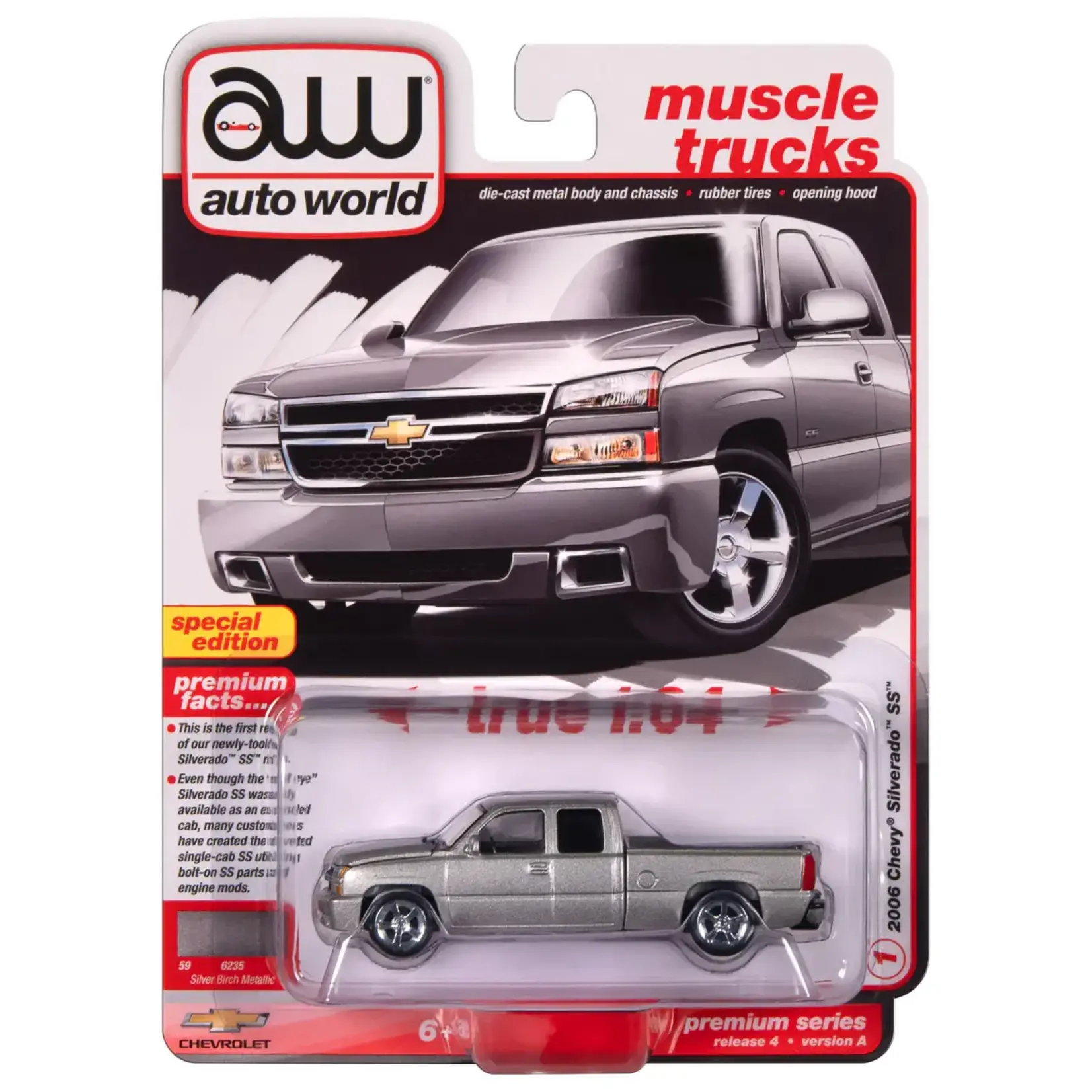 Auto World AWSP163A Auto World 2006 Chevy Silverado SS Truck Extended Cab w/Fleetside Bed Fine Silver Birch Metallic