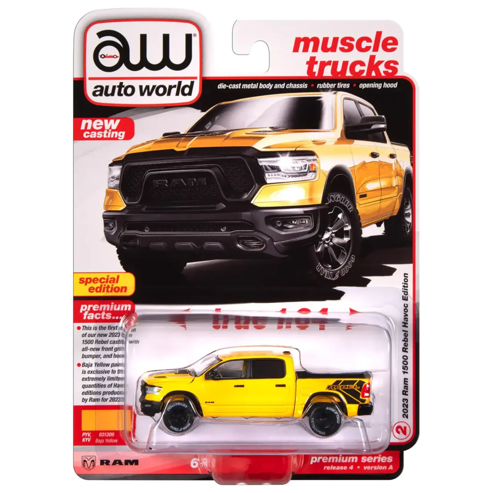 Auto World AWSP164A Auto World 2023 Dodge Ram Rebel Havoc Edition (Baja Yellow w/Rebel Graphics)