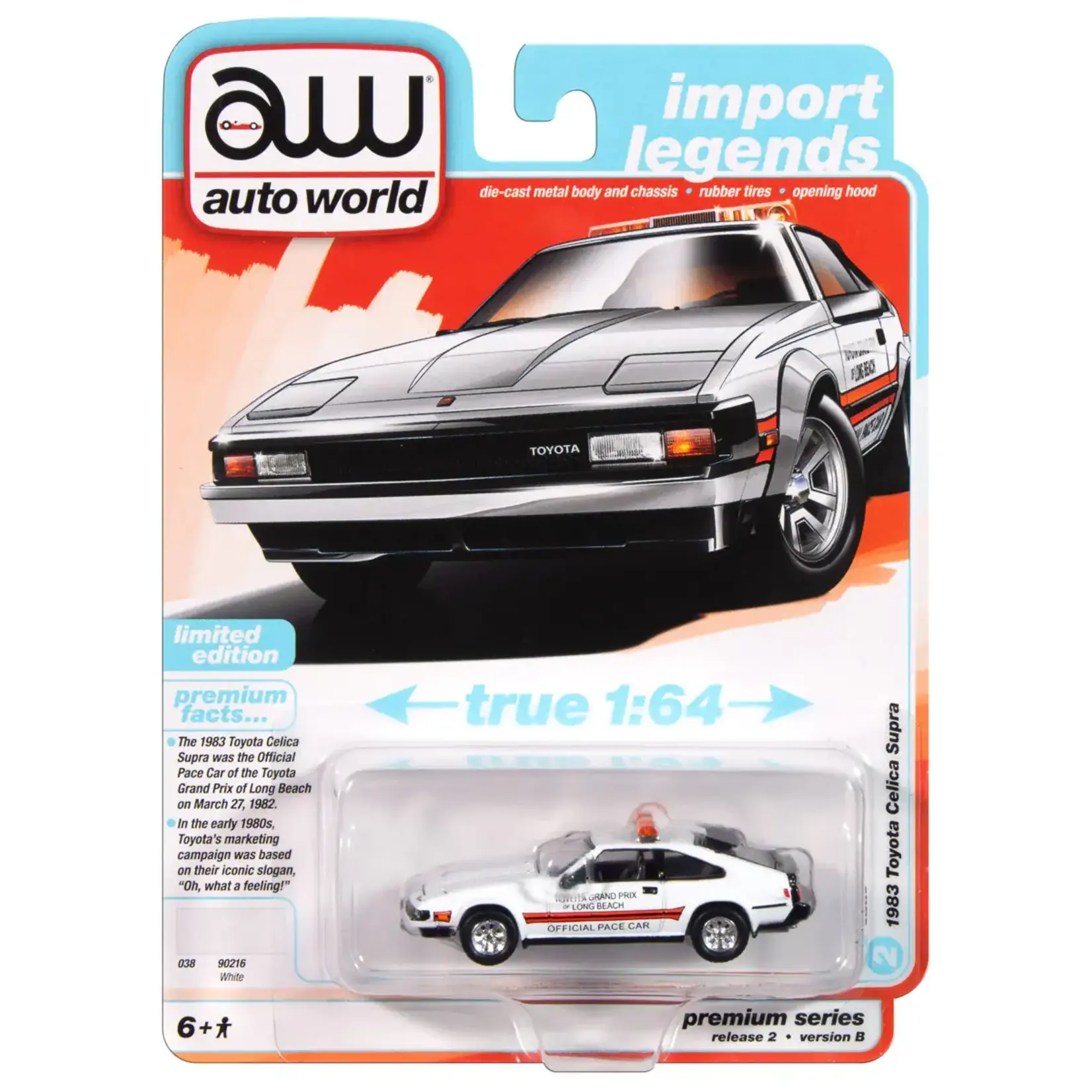 Auto World AWSP166B Auto World 1983 Toyota Celica Supra (White w/Toyota Grand Prix of Long Beach Official Pace Car Graphics & Roof Lightbar) 1:64 Diecast