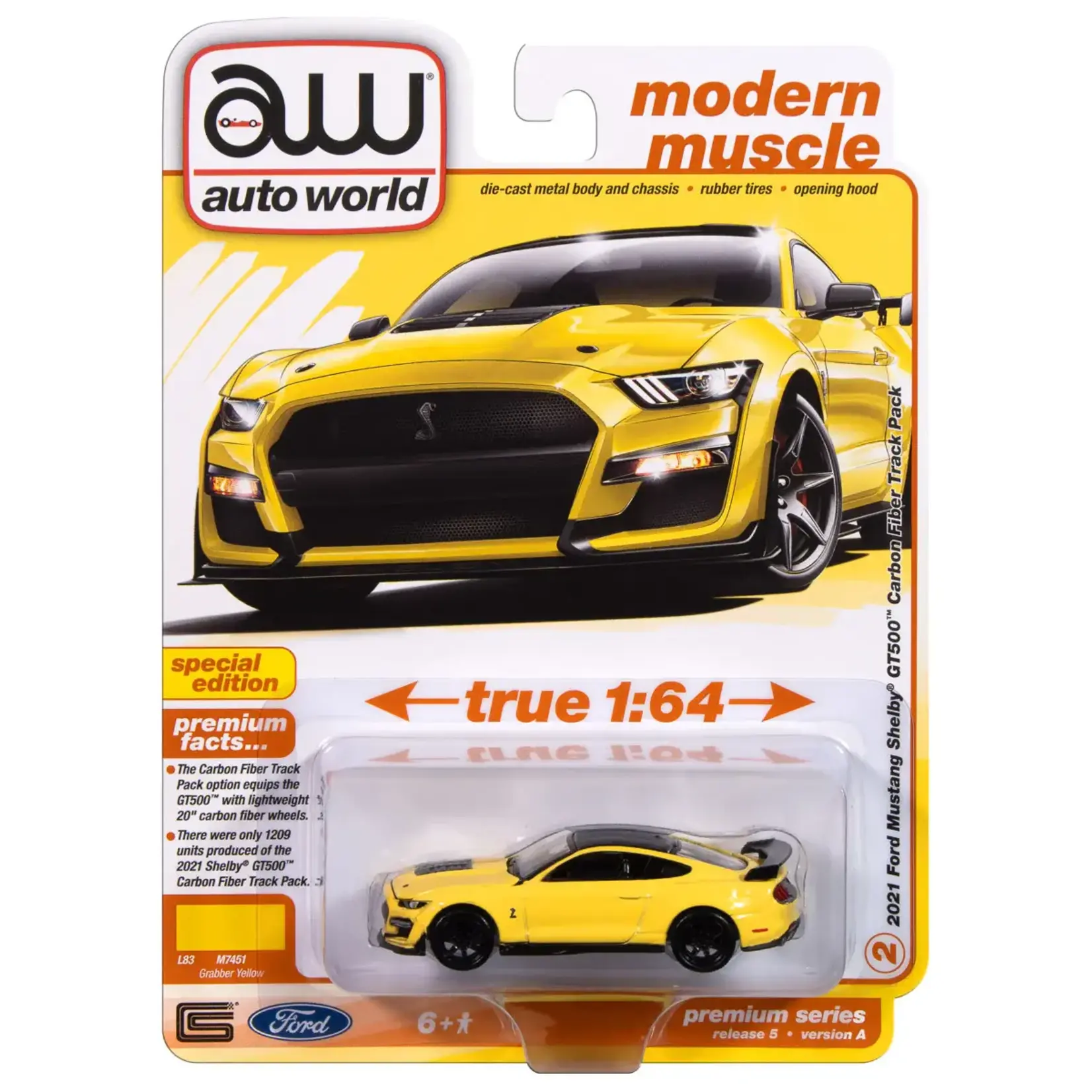 Auto World AWSP171A Auto World 2021 Ford Mustang Shelby GT500 Carbon Fiber Track Pack (Grabber Yellow w/Black Roof) 1:64 Diecast