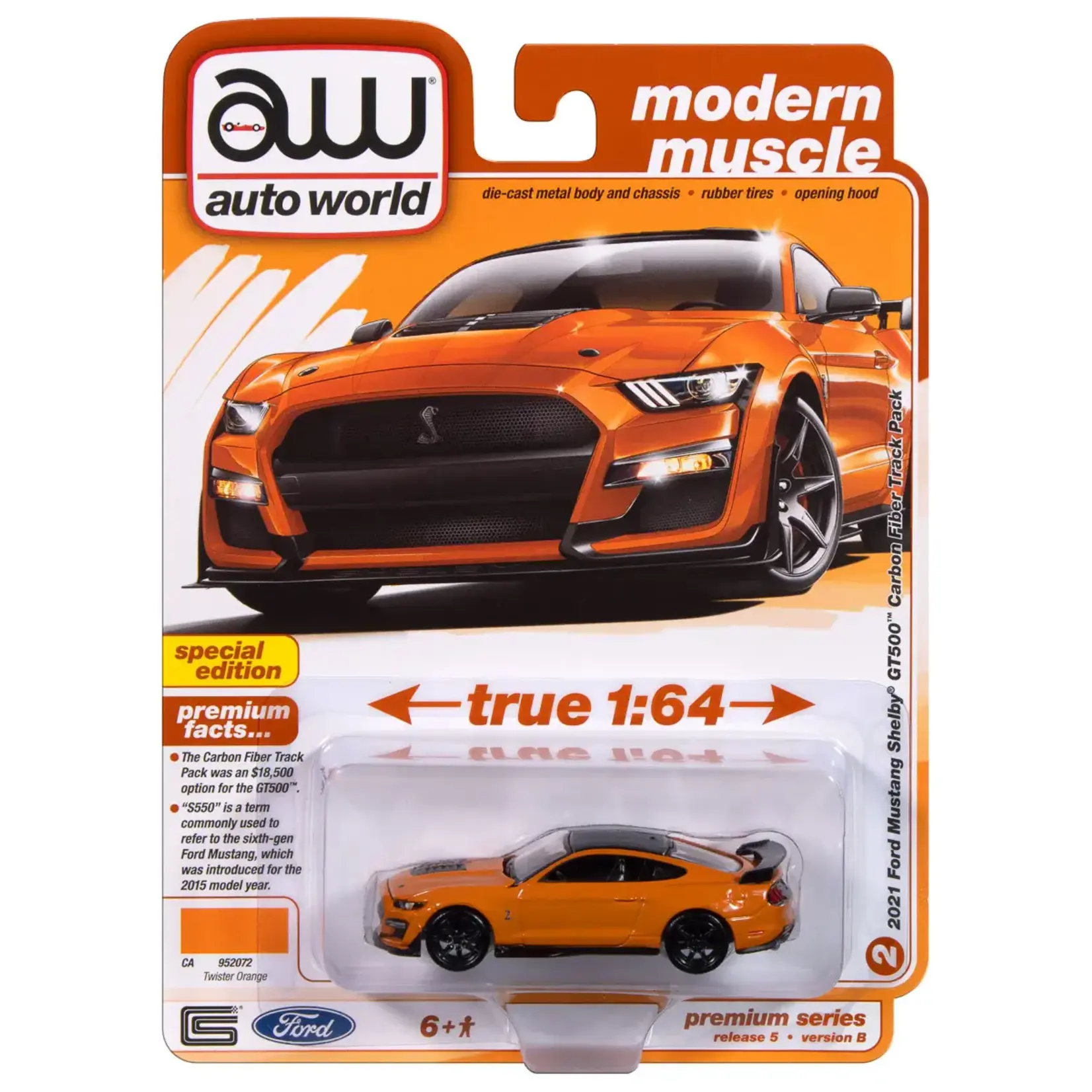 Auto World AWSP171B Auto World 2021 Ford Mustang Shelby GT500 Carbon Fiber Track Pack (Twister Orange w/Black Roof) 1:64 Diecast