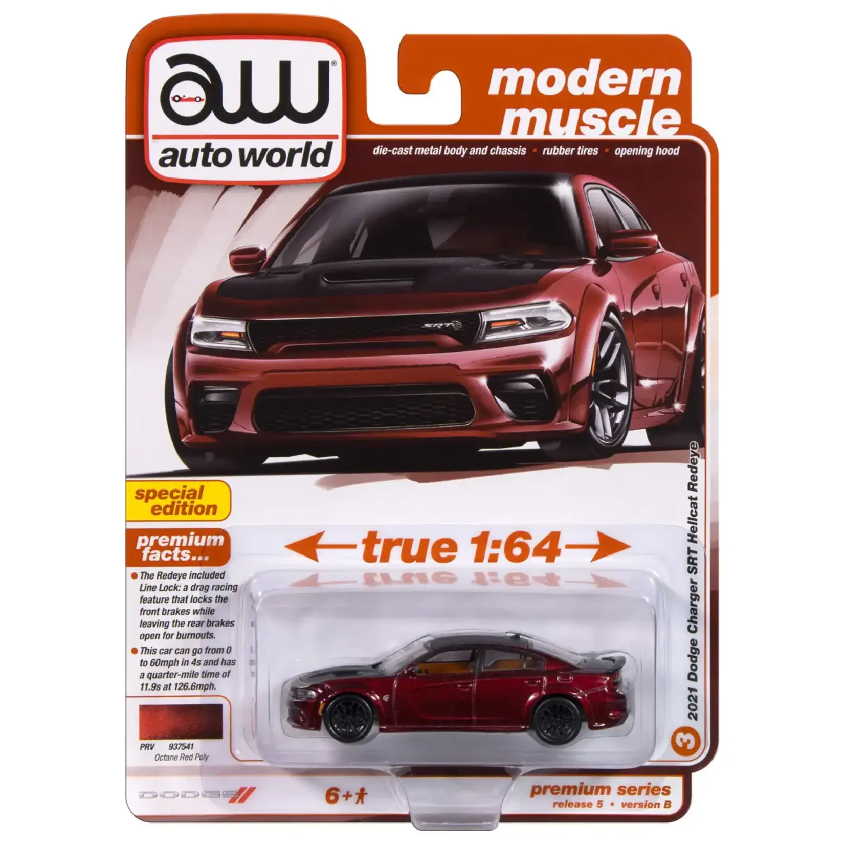 Auto World AWSP172B Auto World 2021 Dodge Charger SRT Hellcat Redeye (Octane Red w/Flat Black Top/Hood) 1:64 Diecast