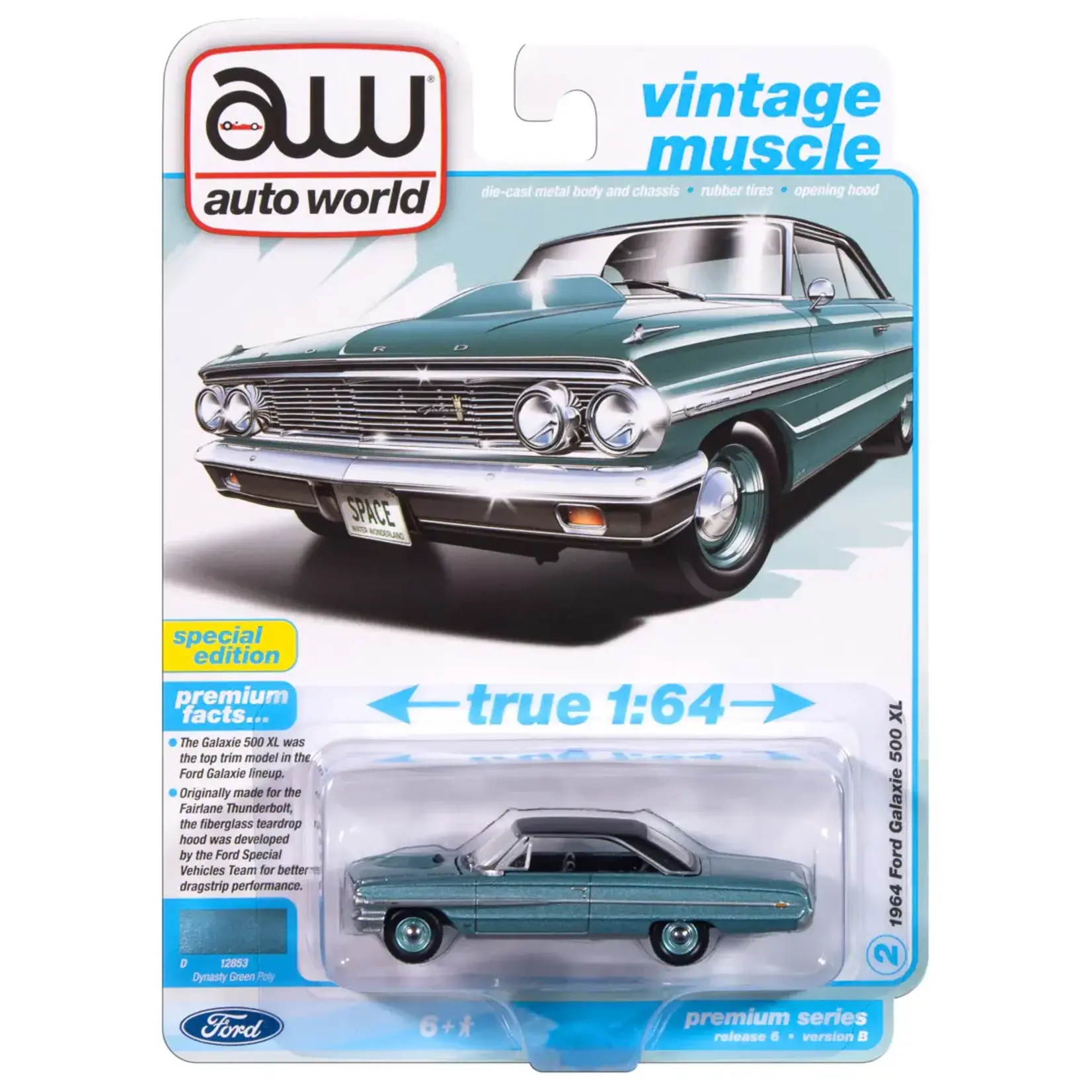 Auto World AWSP174B Auto World 1964 Ford Galaxie 500XL (Dynasty Green w/Black Roof) 1:64 Diecast
