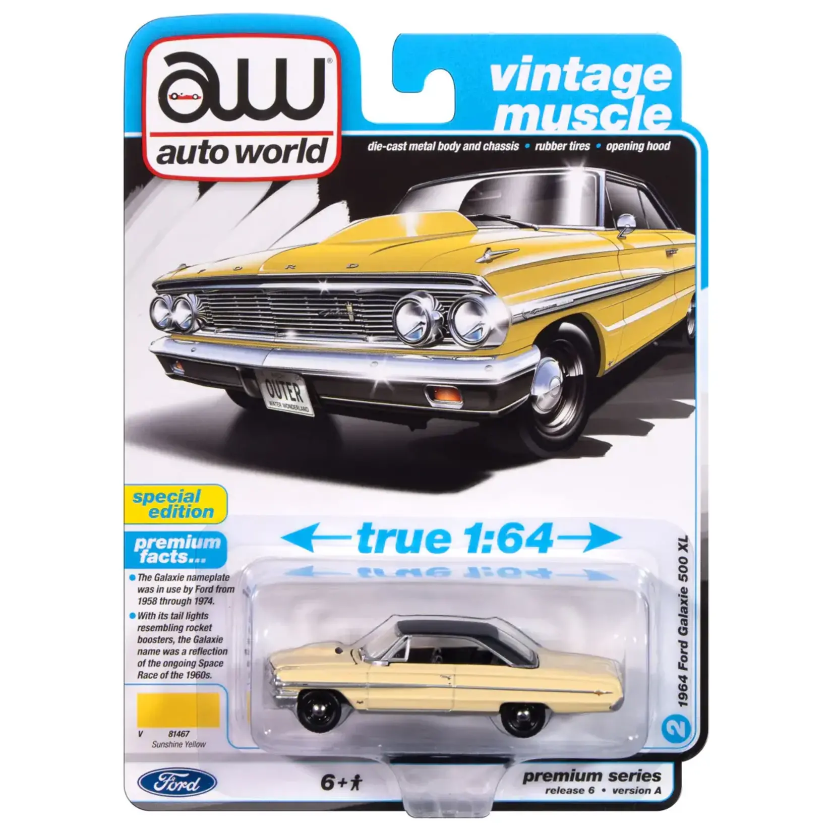 Auto World AWSP174A Auto World 1964 Ford Galaxie 500XL (Sunshine Yellow w/Black Roof) 1:64 Diecast