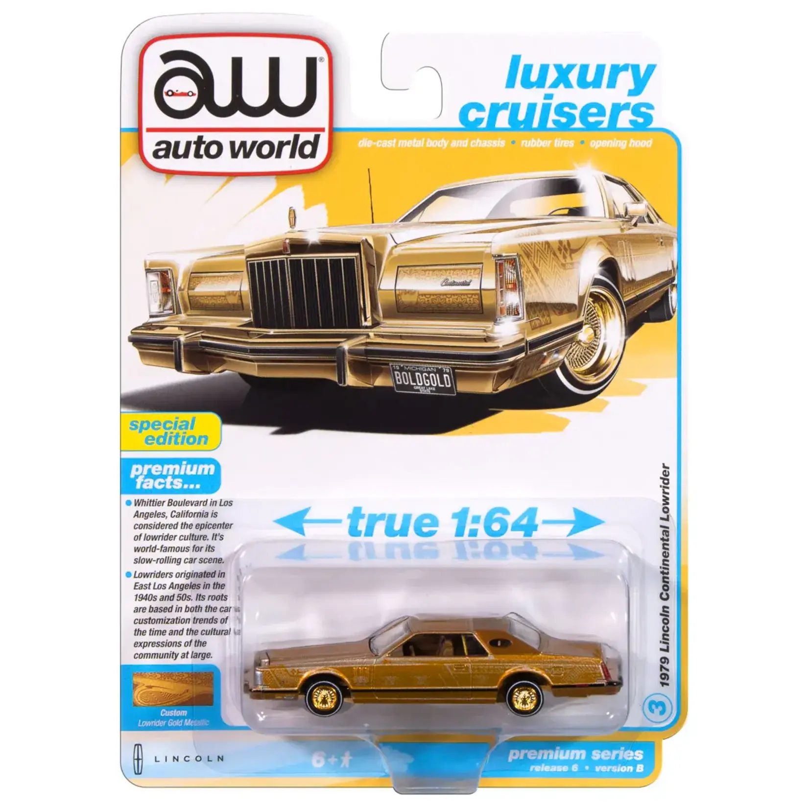 Auto World AWSP175B Auto World 1979 Lincoln Continental Lowrider (Gold Metallic w/Lowrider Graphics) 1:64 Diecast