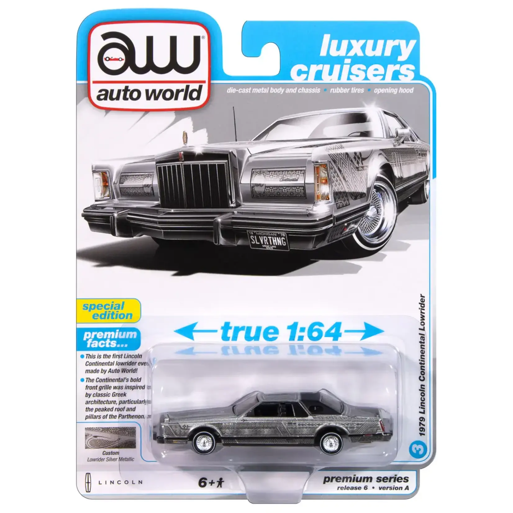 Auto World AWSP175A Auto World 1979 Lincoln Continental Lowrider (Silver Metallic w/Lowrider Graphics) 1:64 Diecast