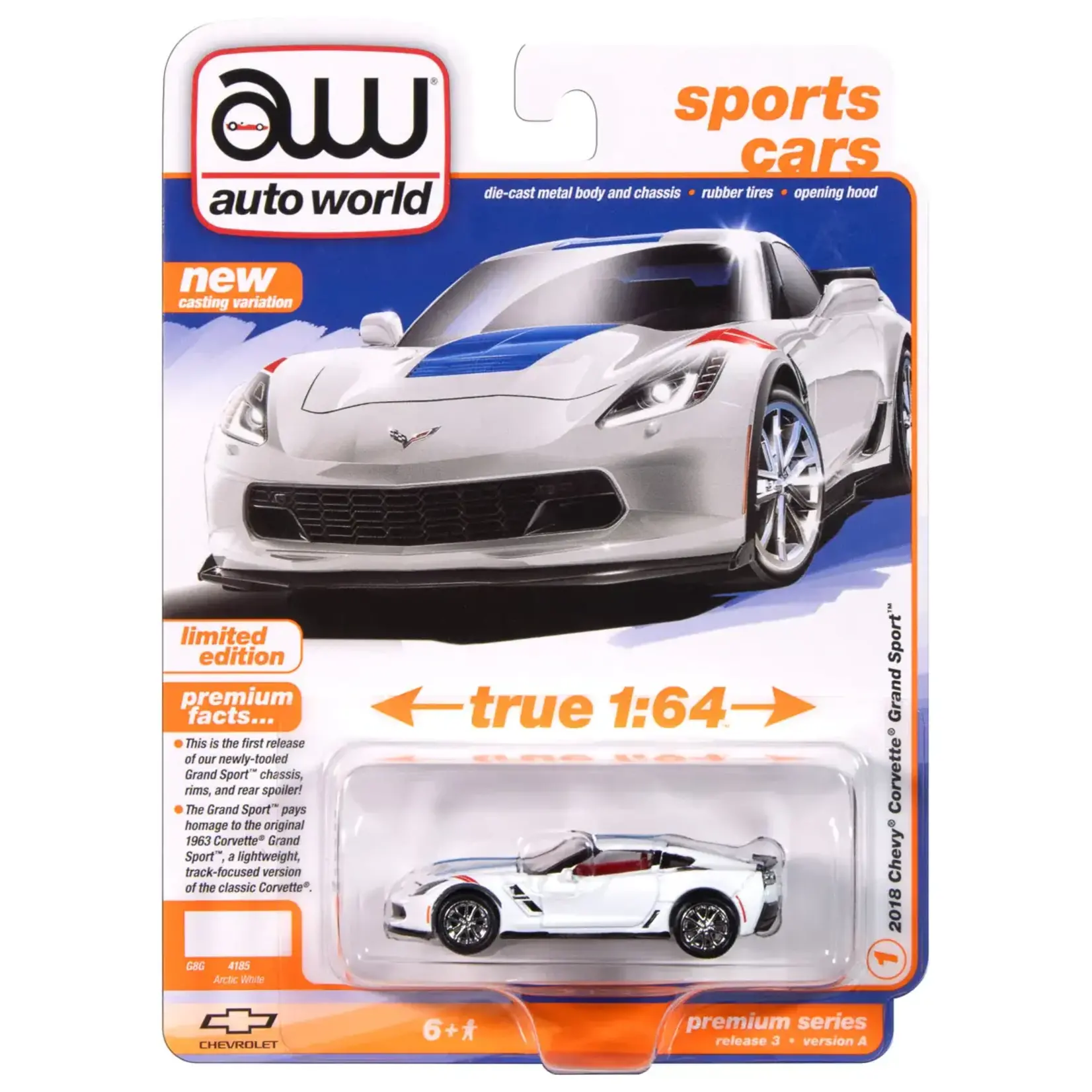Auto World AWSP176A Auto World 2018 Chevy Corvette Grand Sport (Arctic White Body w/Red Fender Grand Sport Stripes & Blue Hood, Roof, Trunk Stripe)