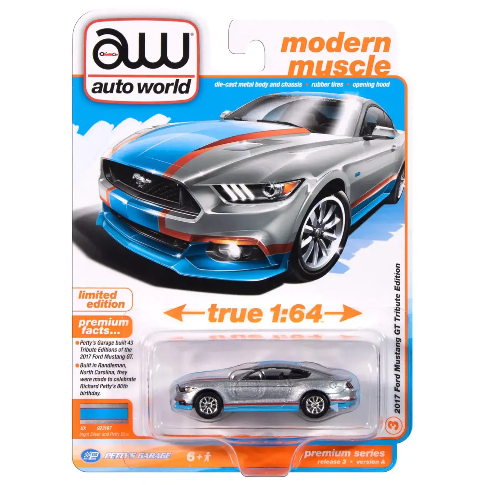 Auto World AWSP178A Auto World 2017 Ford Mustang GT Tribute Edition (Silver Body w/Petty Blue Sides & Upper Center Stripe.  Includes Petty Garage Logos)