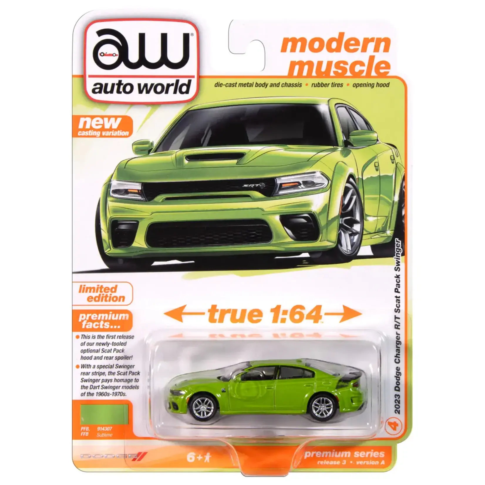 Auto World AWSP181A Auto World 2023 Dodge Charger Swinger R/T Scat Pack (Sublime Body Color w/Flat Black Swinger Rear Stripe)