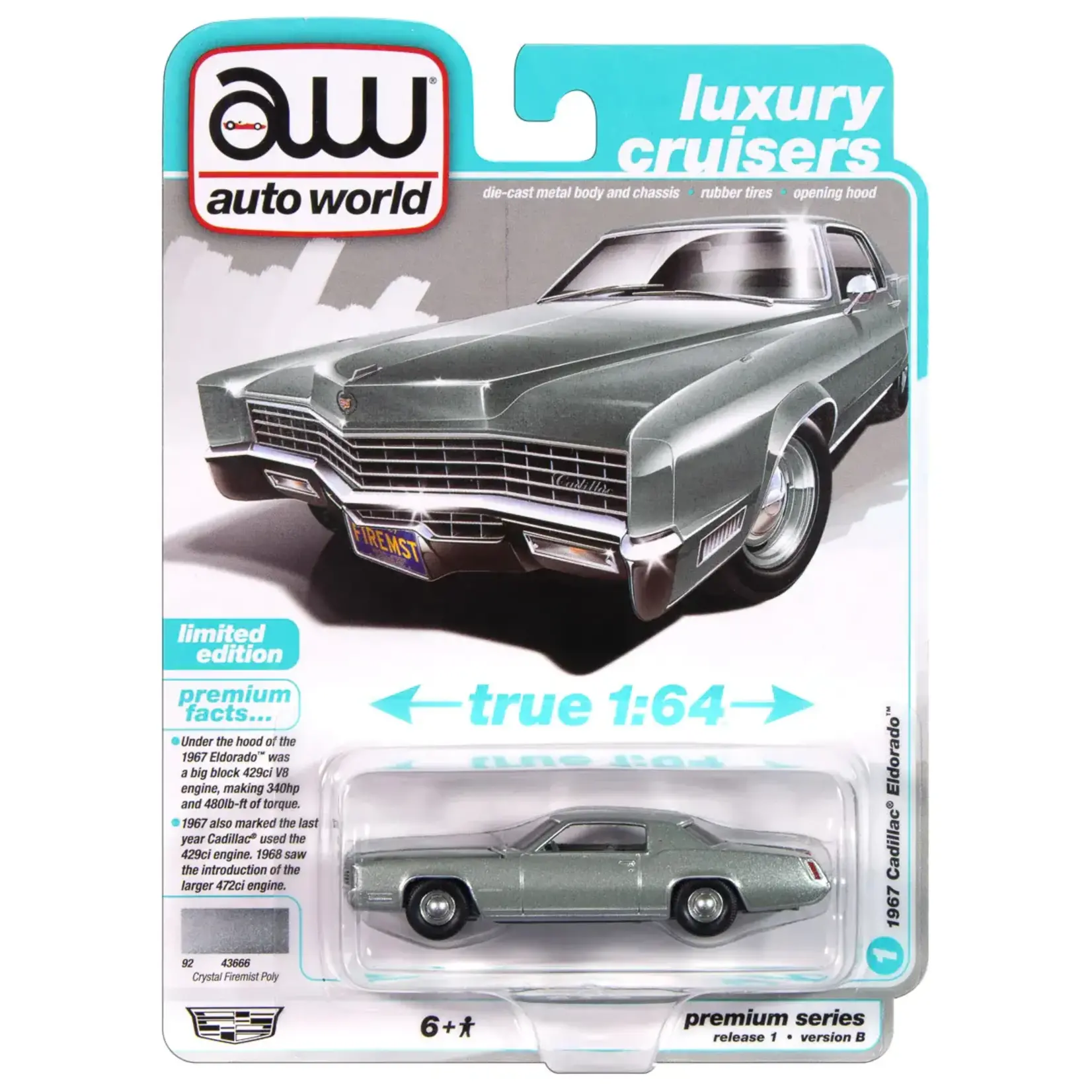 Auto World AWSP185B Auto World 1967 Cadillac Eldorado (Light Green Crystal Firemist Metallic) 1:64 Diecast