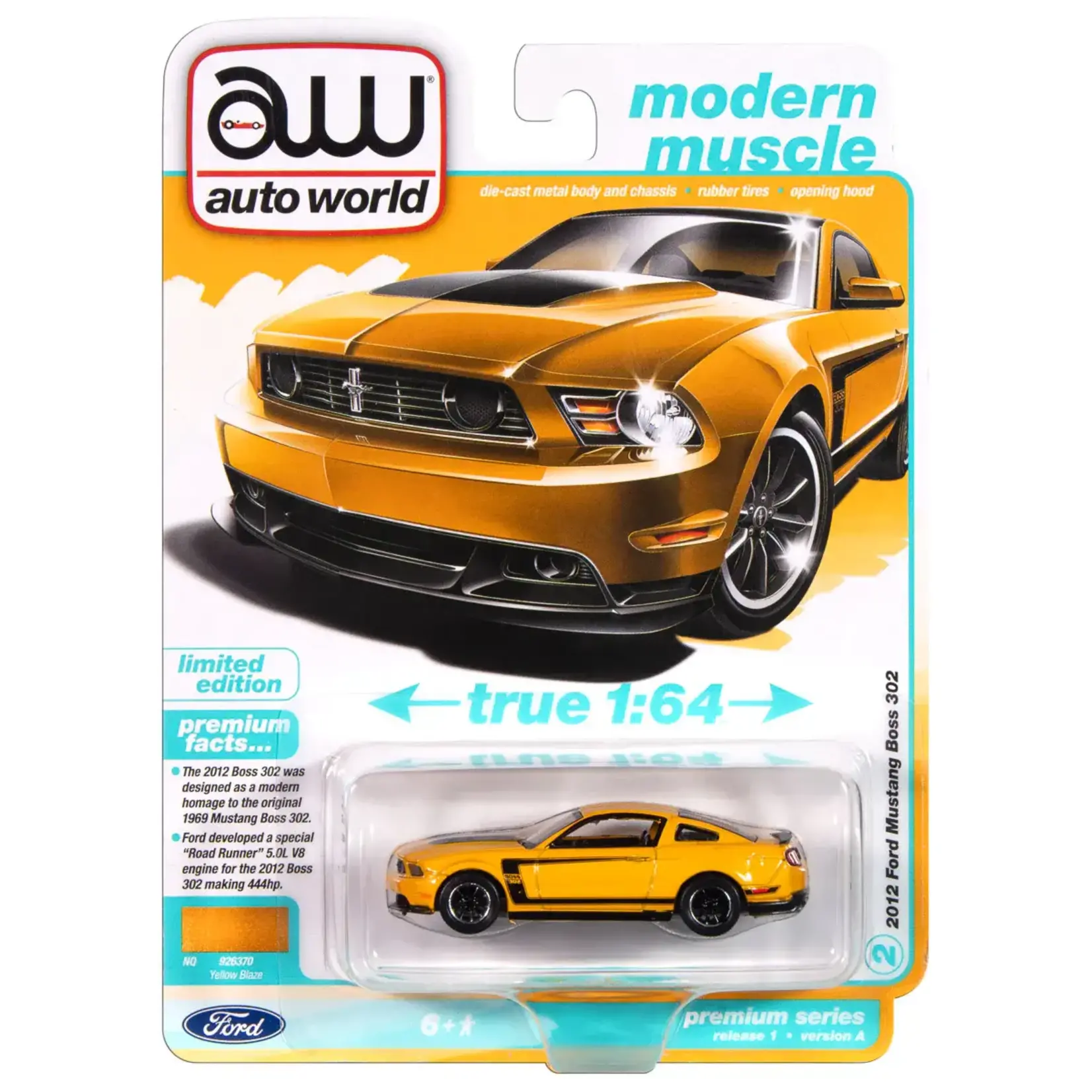 Auto World AWSP186A Auto World 2012 Ford Mustang Boss 302 (Yellow Blaze w/Black Accents) 1:64 Diecast